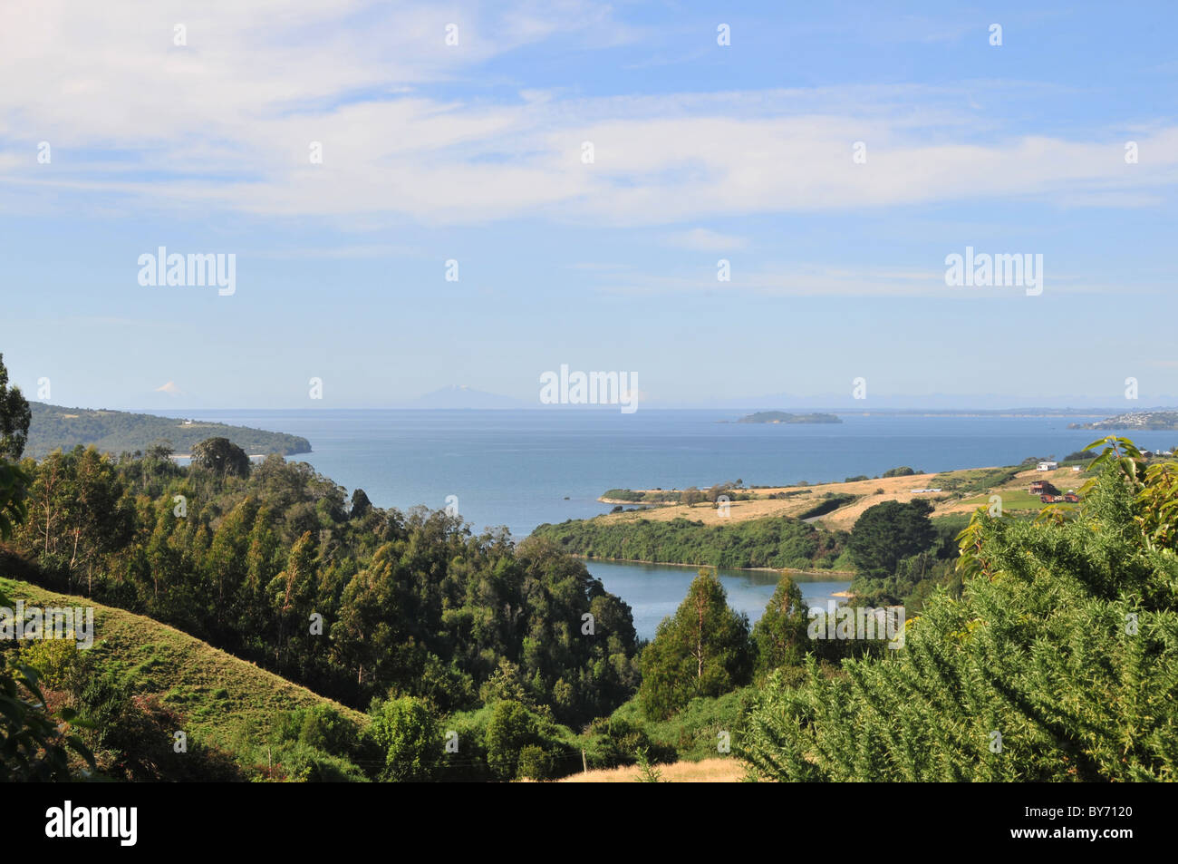 Blauer Himmelsblick auf Golf von Ancud und fernen Anden-Vulkane von steilen Valleysides mit Rasen und Bäumen, Chiloé Insel, Chile Stockfoto