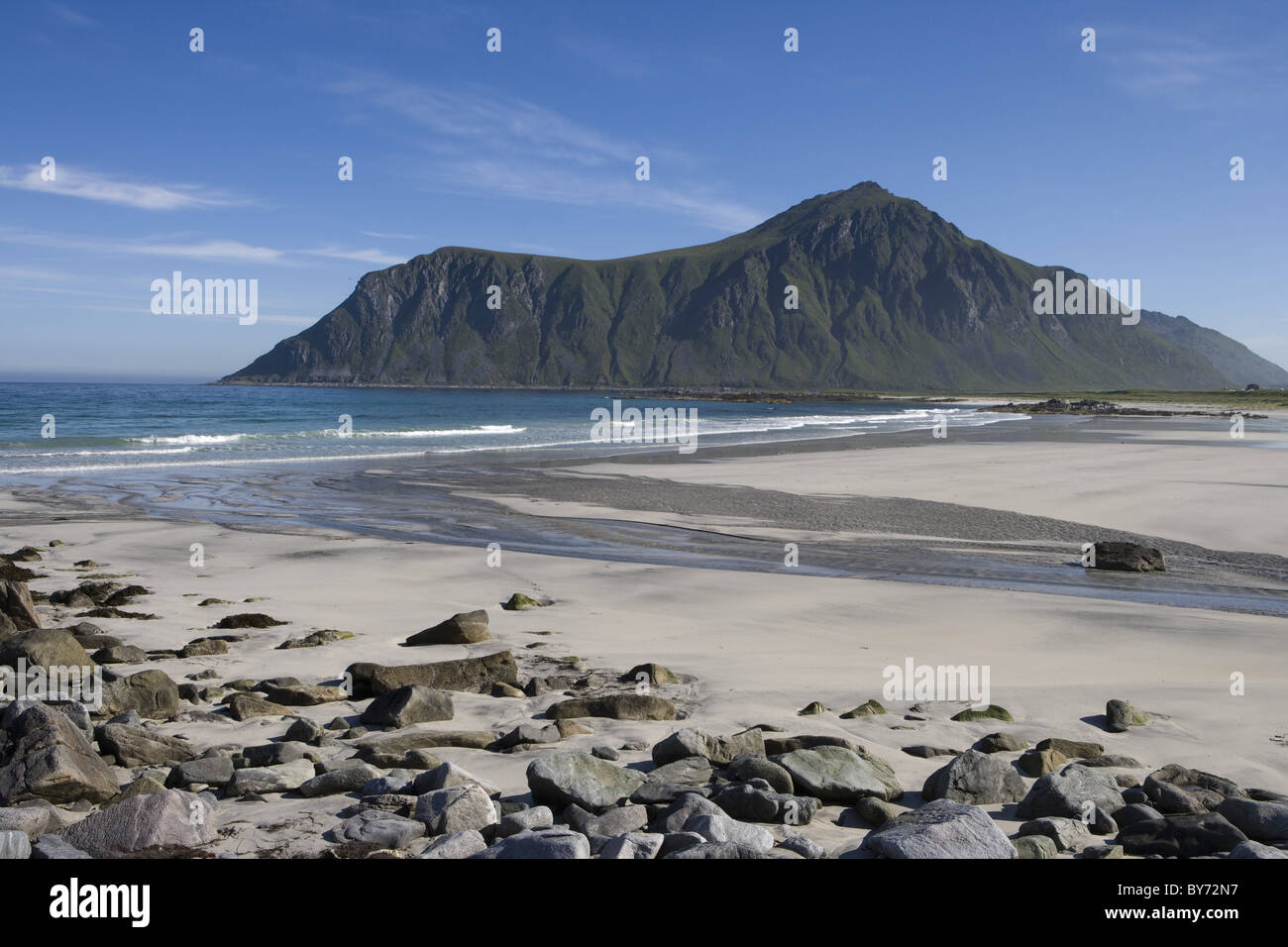 Skadsanden Strand, in der Nähe von Flakstad, Flakstadoy, Lofoten, Nordland, Norwegen, Europa Stockfoto