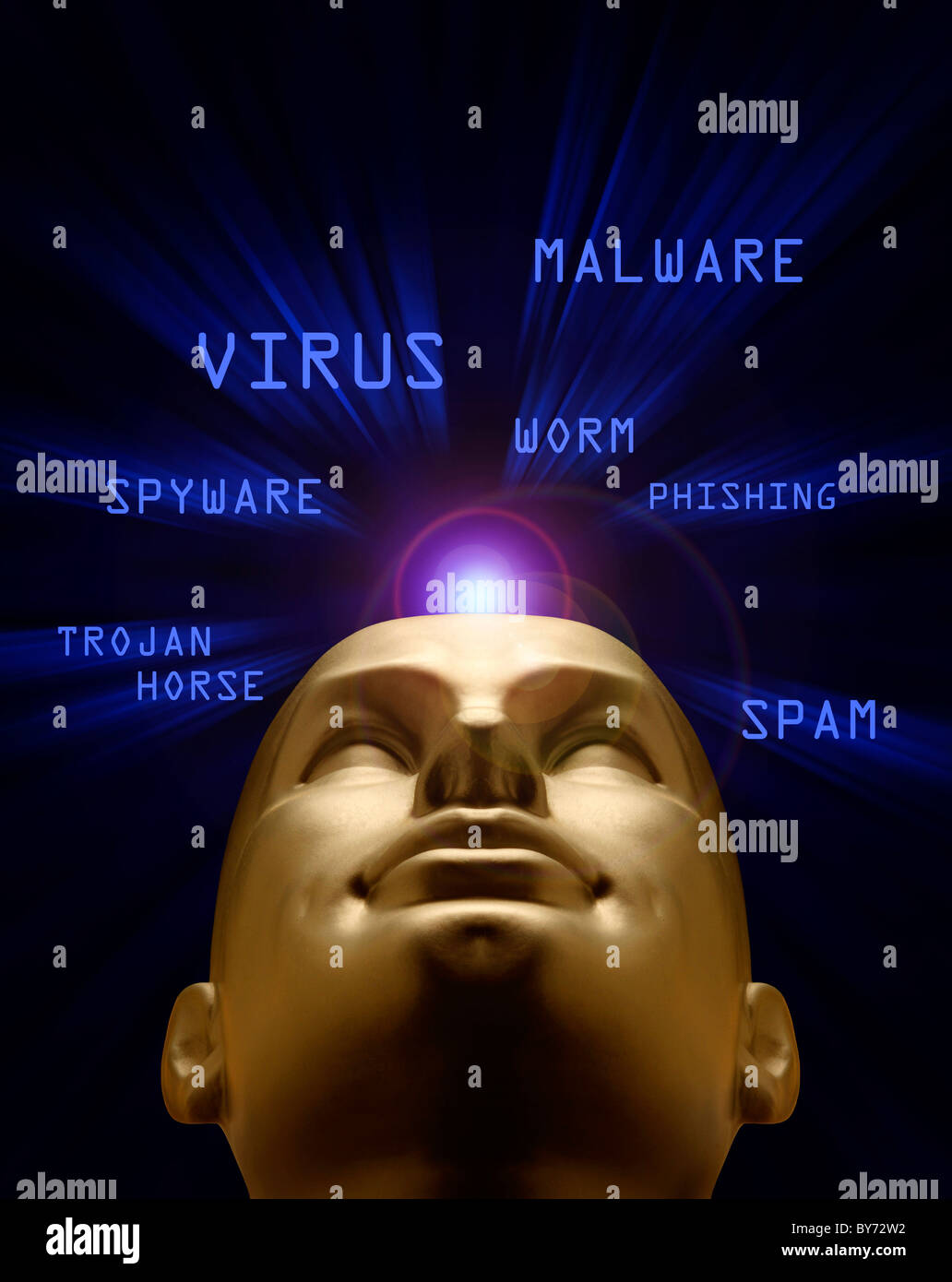 Schaufensterpuppe Kopf in einem blauen Wirbel der Cyber-Angriff-Begriffe Stockfoto