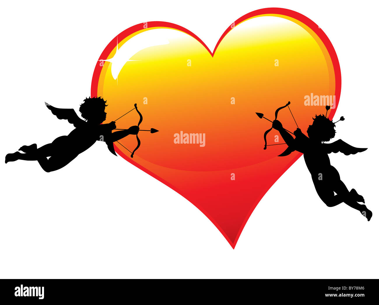 Zwei Amor Silhouetten mit glänzendem Herz isoliert auf weißem Hintergrund Stockfoto