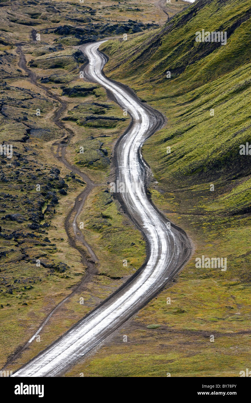 Feldweg & Moos bedeckt Berge, Landmannalaugar, Southern Highlands, Islands Stockfoto