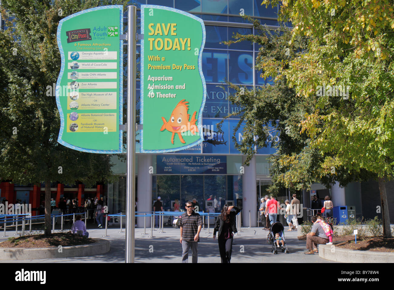 Atlanta Georgia, Pemberton Place, Georgia Aquarium, außen, vorne, Eingang, Schild, Werbung, Anzeige, Eintrittspreise, Tageskarte, Gebäude, anziehen Stockfoto