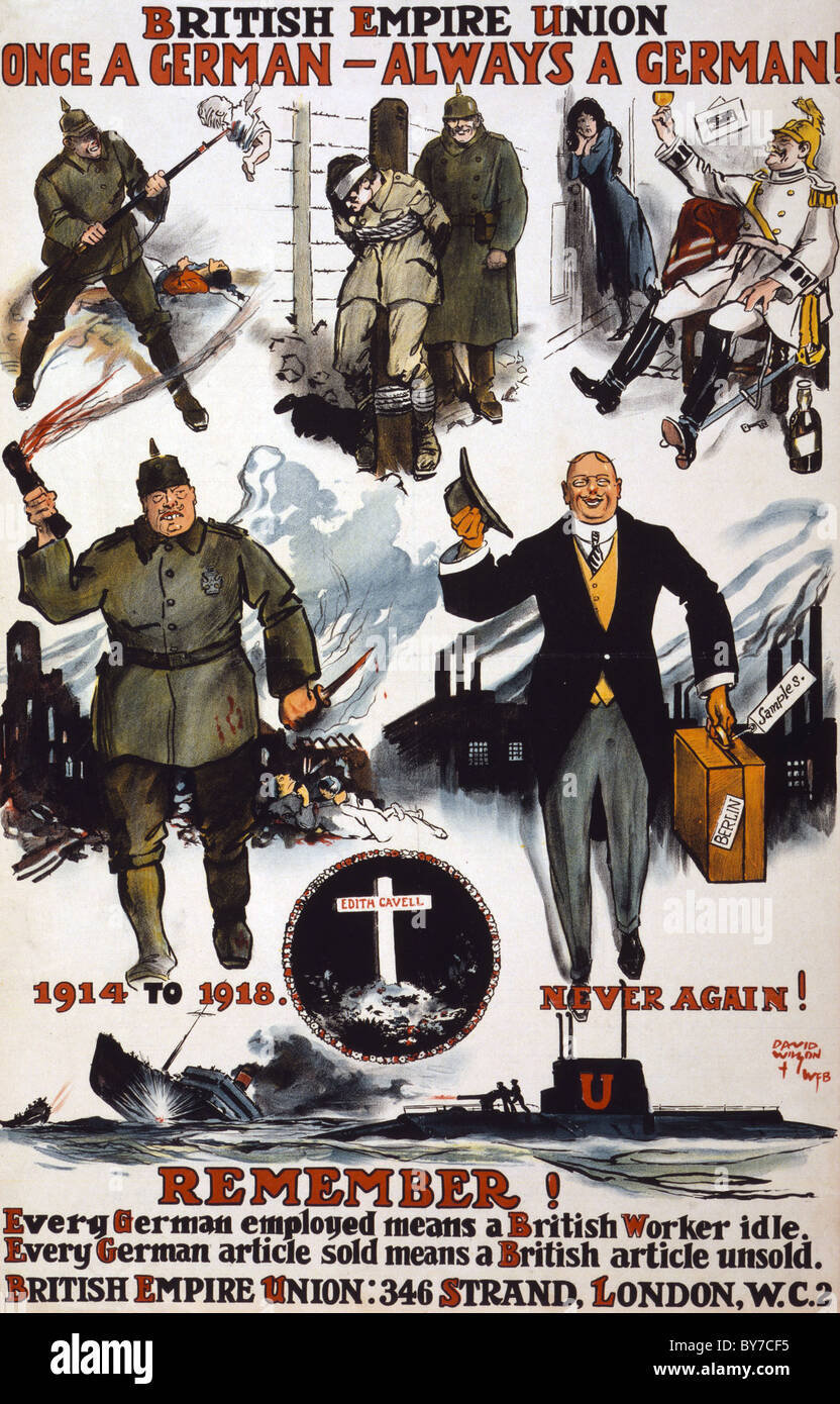 BRITISH EMPIRE UNION Plakat von 1918 Förderung Anti-deutsche Gefühl Stockfoto