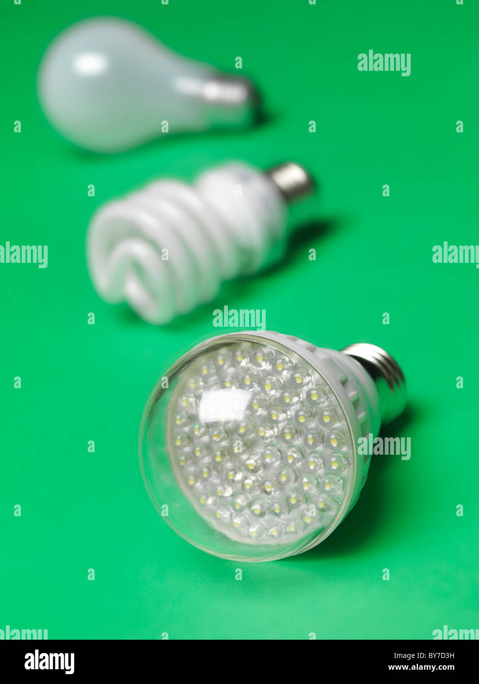 LED-Glühbirne mit Leuchtstoffröhren und Glühlampen Glühbirnen im Hintergrund, zeigt drei Generationen von Glühbirnen Stockfoto