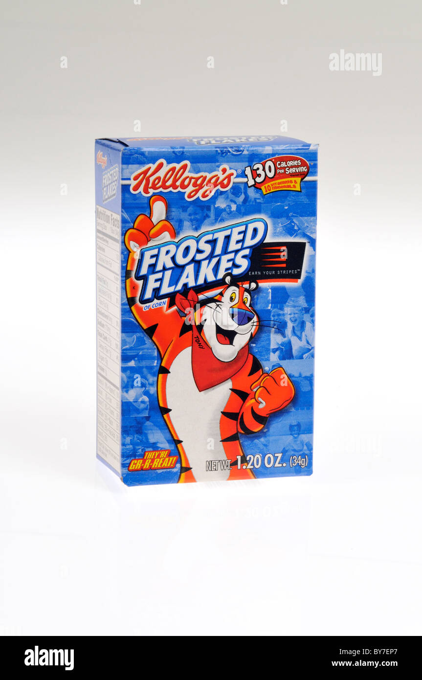 Box von Kellogg's Frosted Flakes Frühstückscerealien auf weißem Hintergrund, Ausschnitt. Stockfoto