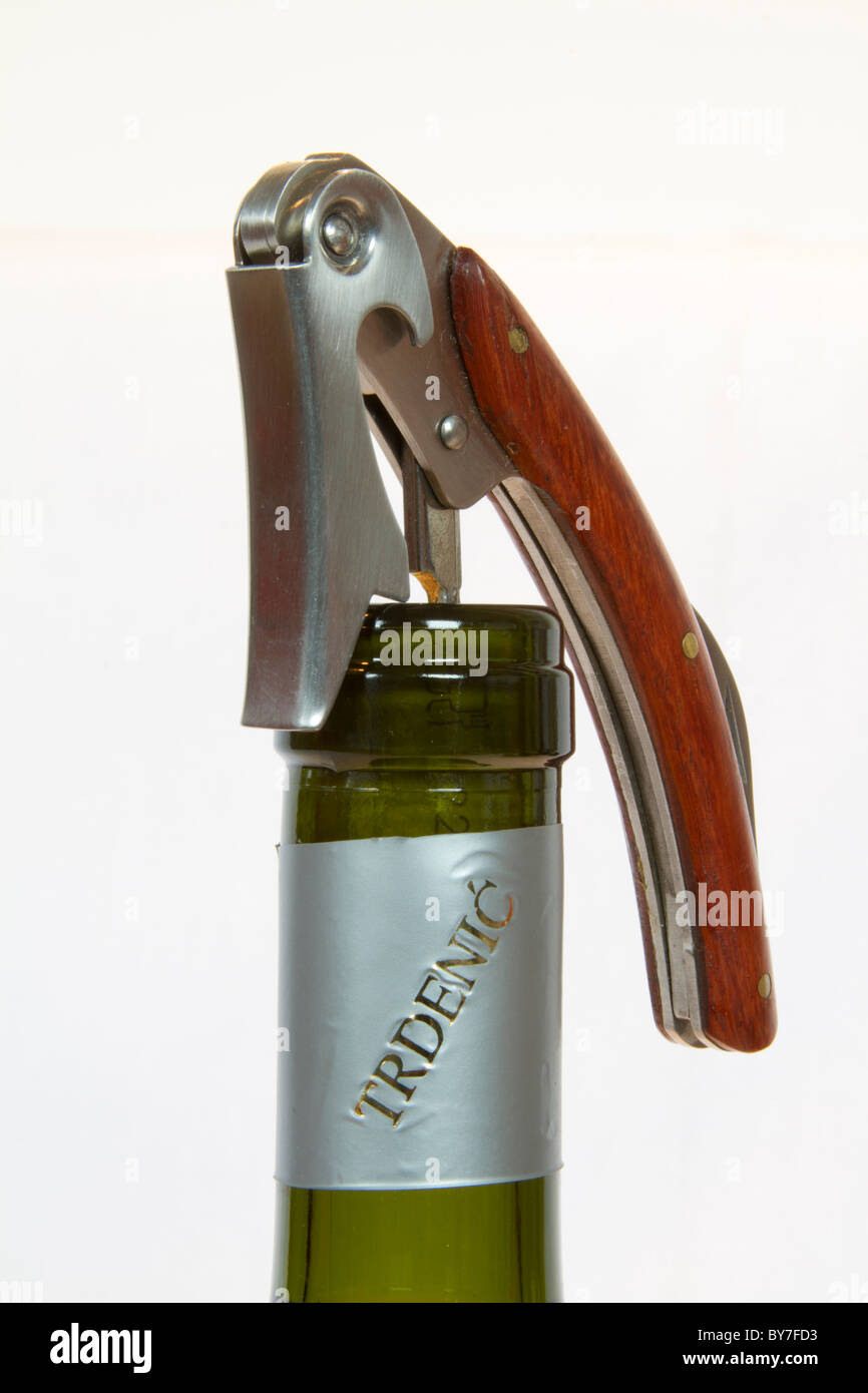 Flaschenöffner in Weinflasche Stockfoto