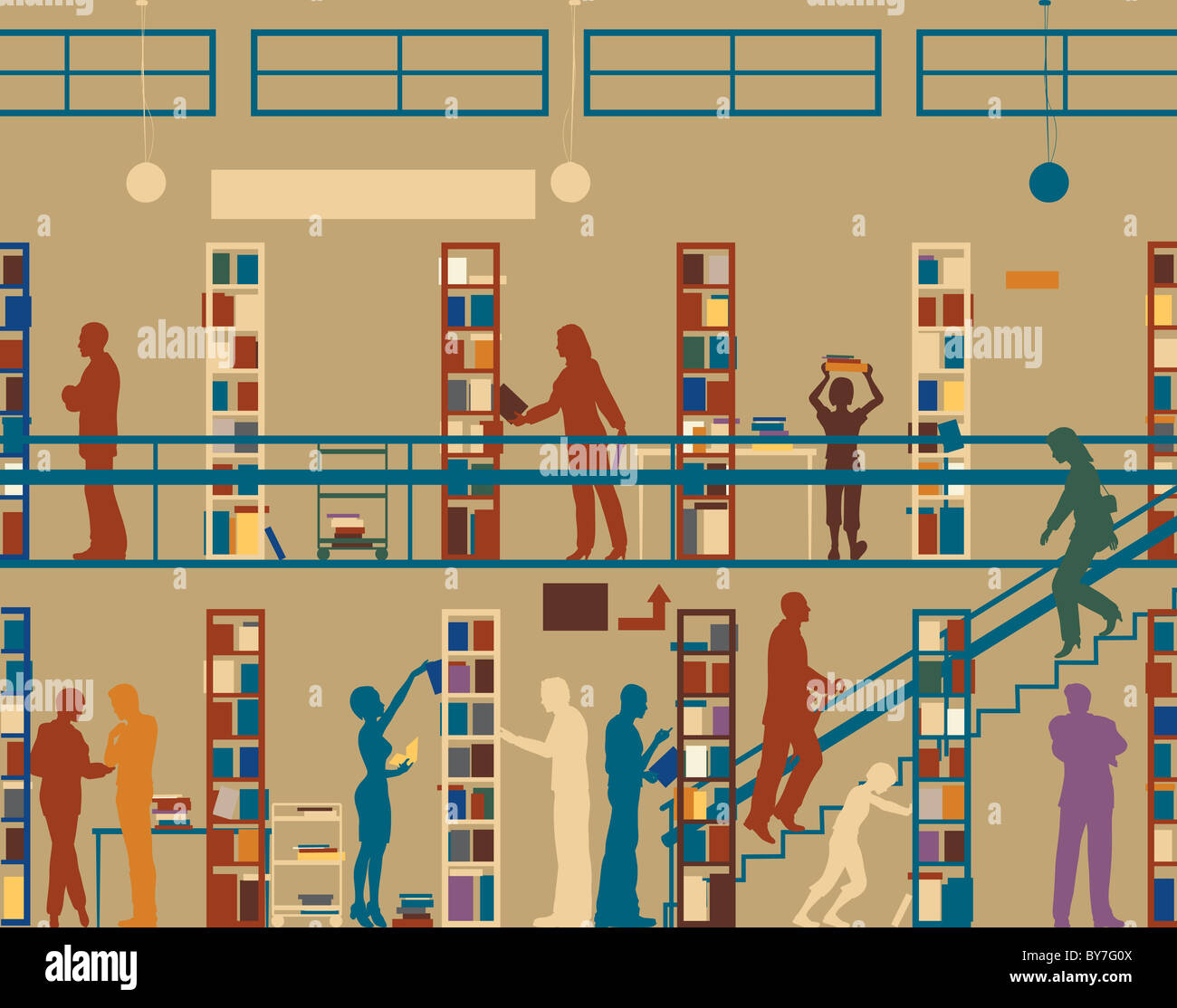 Illustrierte Silhouette der bunte Menschen in einer Bibliothek Stockfoto