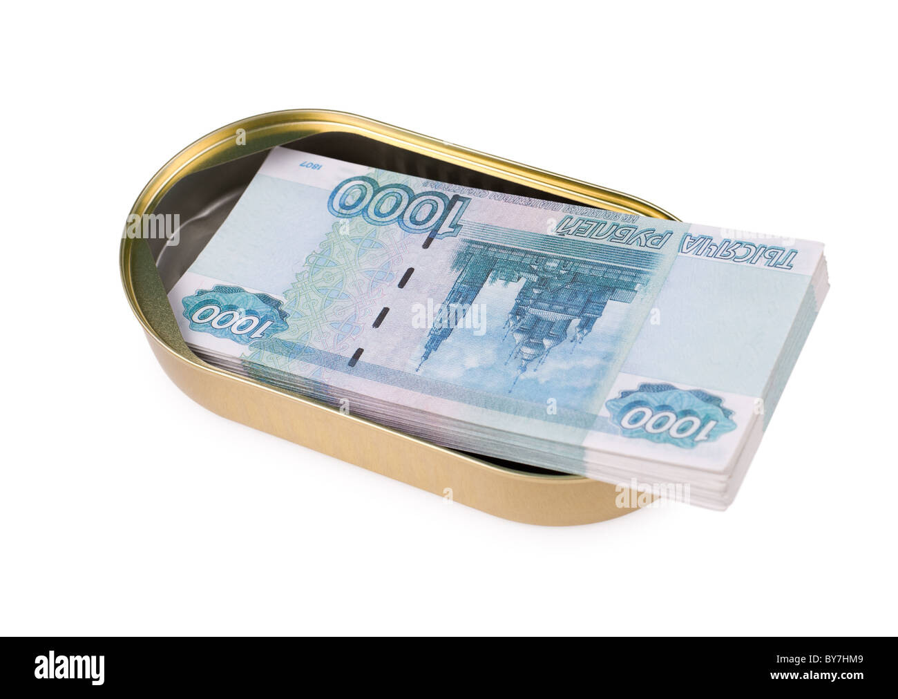 eine Charge von russischen 1000 Rubel-Scheine in einem ovalen können, Clipping-Pfad Stockfoto