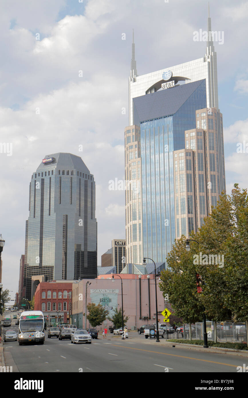 Nashville Tennessee, Fourth 4th Avenue, Straße, Hochhaus Wolkenkratzer Gebäude AT&T Batman Gebäude, ungewöhnliche Architektur, Unternehmen o Stockfoto