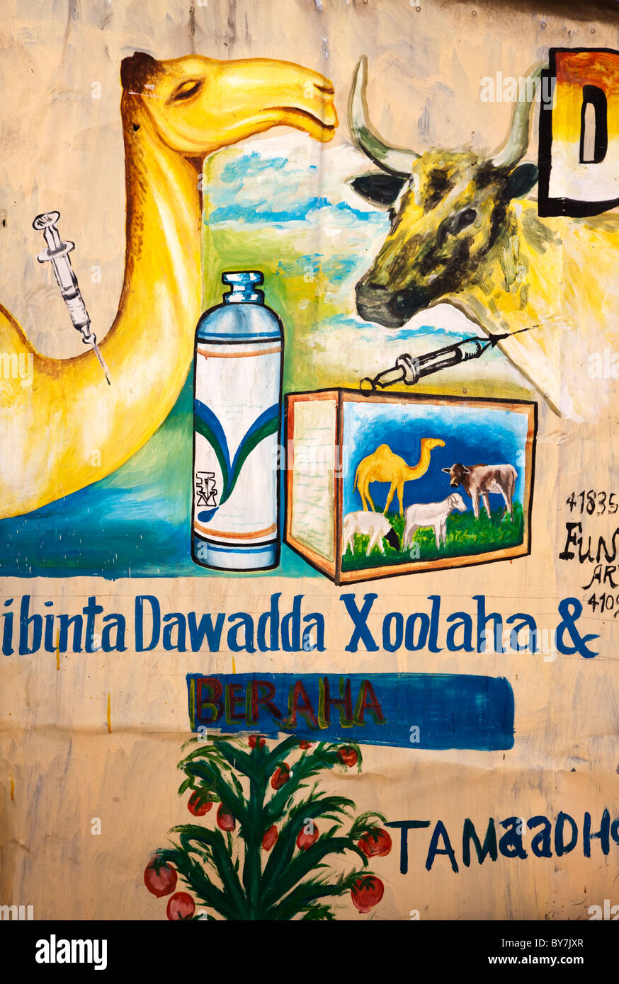 Handgemalte Wandbild auf Tierklinik in Hargeysa, Somaliland, Somalia Stockfoto