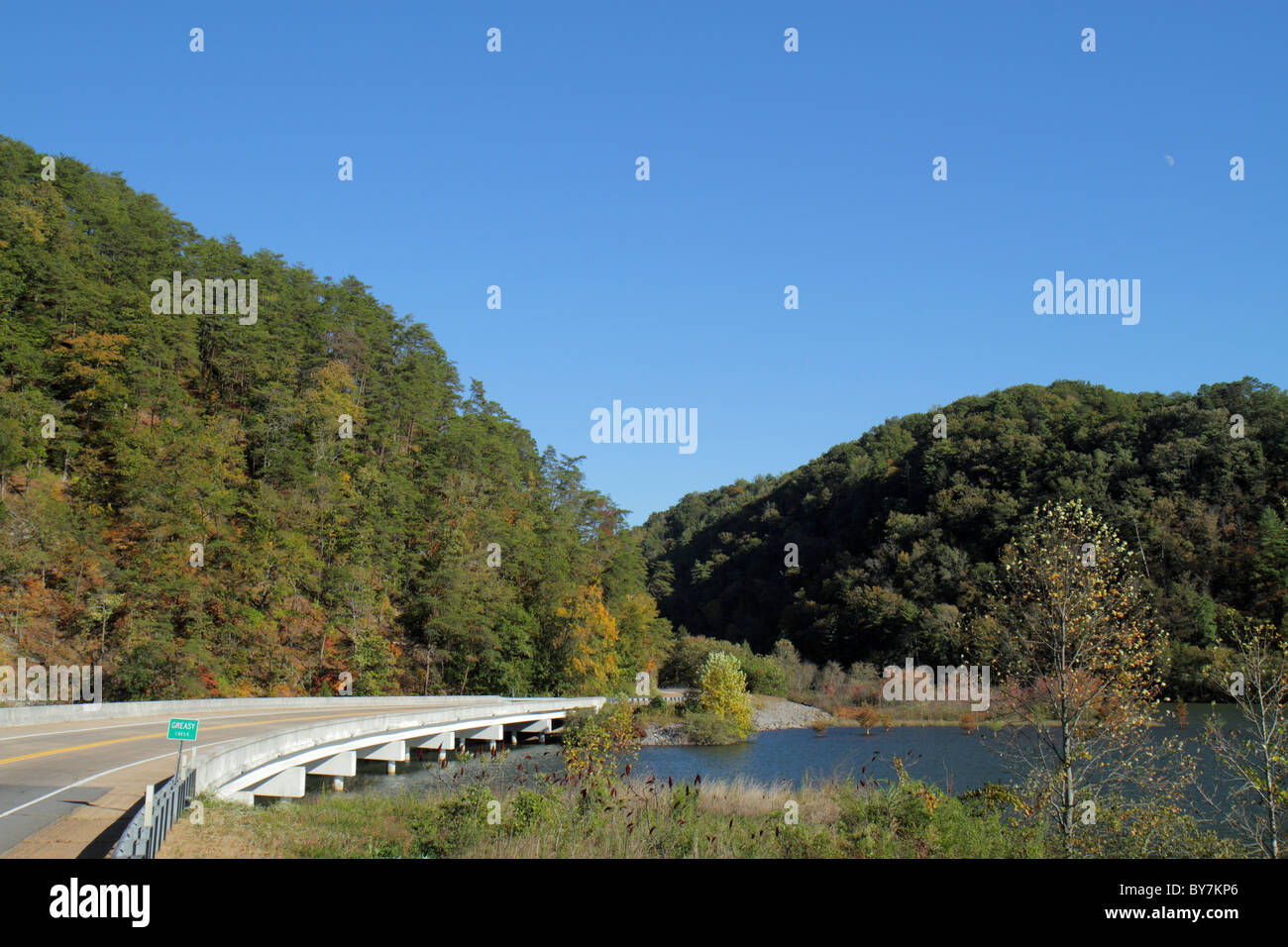 Tennessee, TN, Süden, Cherokee National Forest, Greasy Creek Water, Landwirtschaftsministerium, Bundesland, Bäume, verwaltete Ressource, Brücke, Straße, blauer Himmel, V Stockfoto