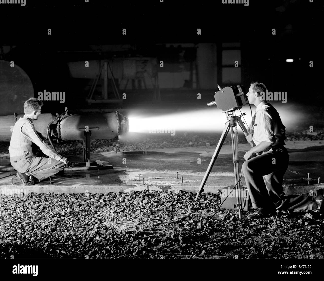 Ramjet i-40 Motor Jet statische Lab, making-of high-Speed bewegte Bilder der Schub Augmentor Flamme. Lewis Research Center Stockfoto