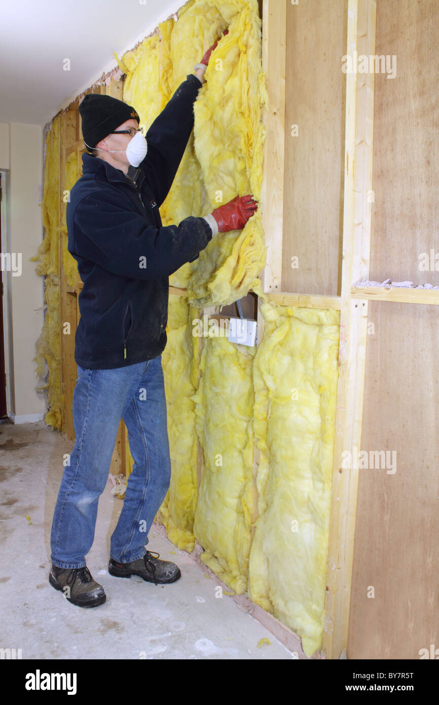 Arbeiter, die Installation von Rockwool Wärmedämmung im Hohlraum des Fachwerk-Wand, UK Stockfoto