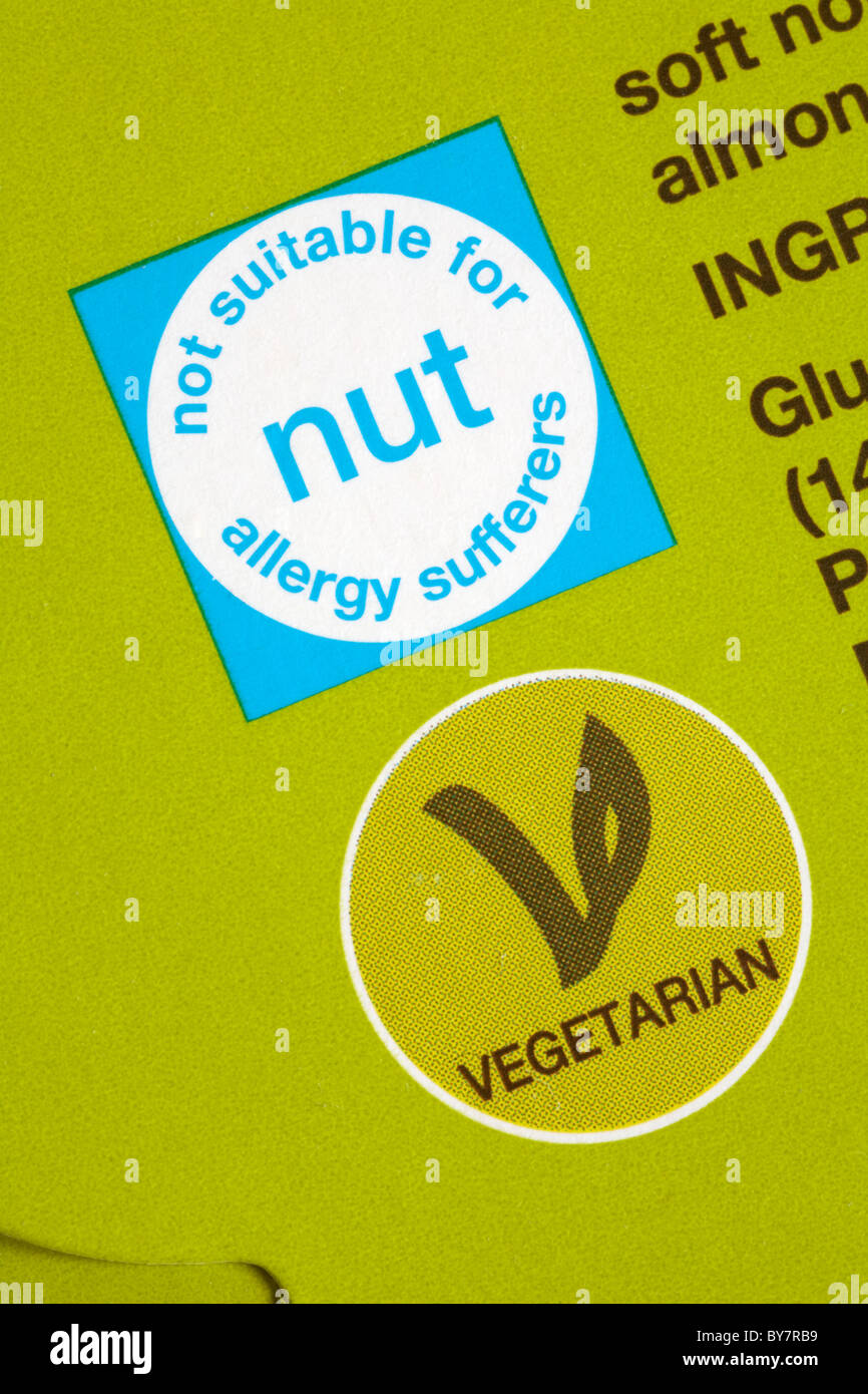 Nicht geeignet für Nuss-Allergiker und Vegetarier Zeichen auf Rückseite der box Stockfoto
