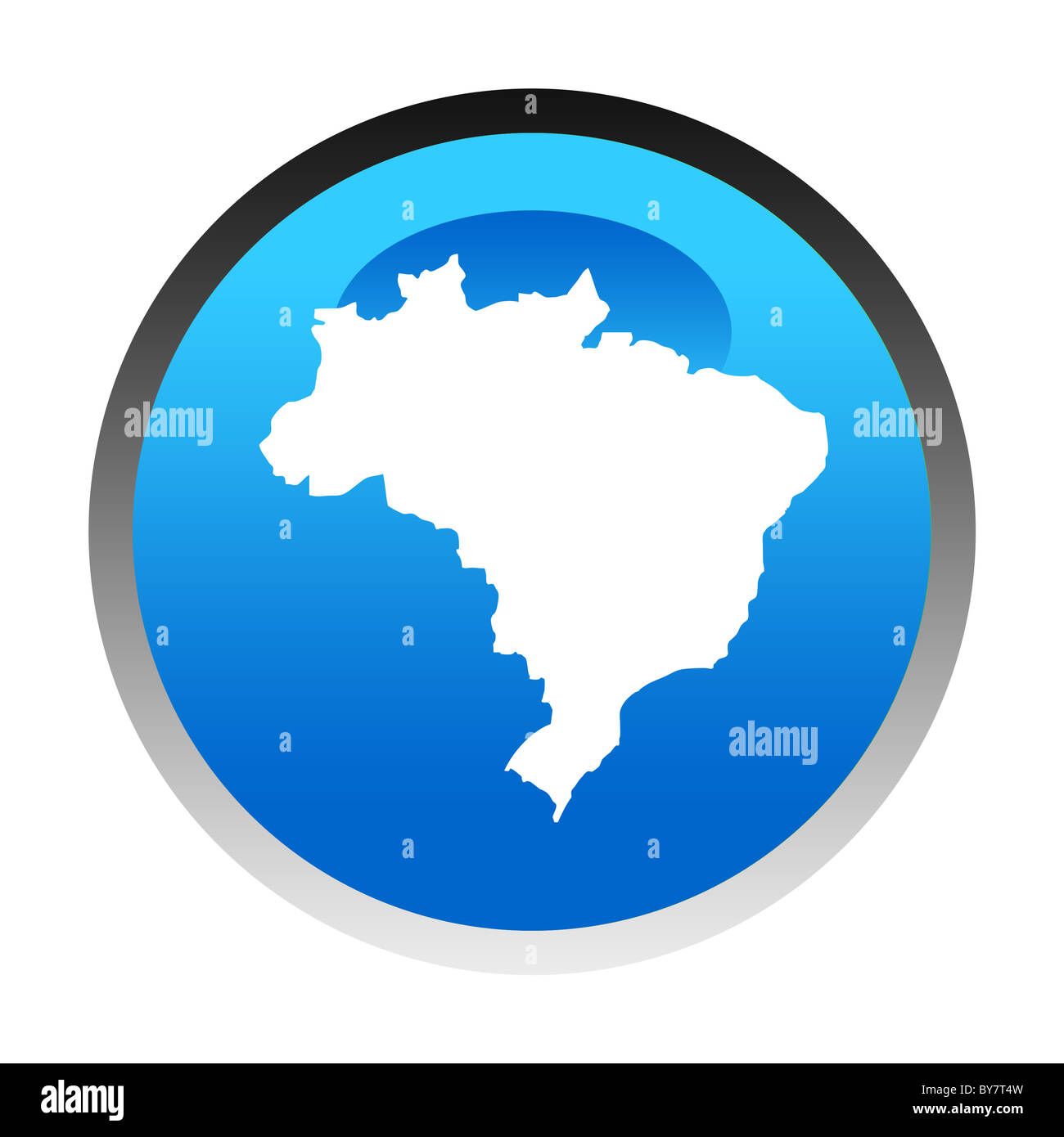 Brasilien Karte blau kreisförmige Taste isoliert auf weißem Hintergrund. Stockfoto