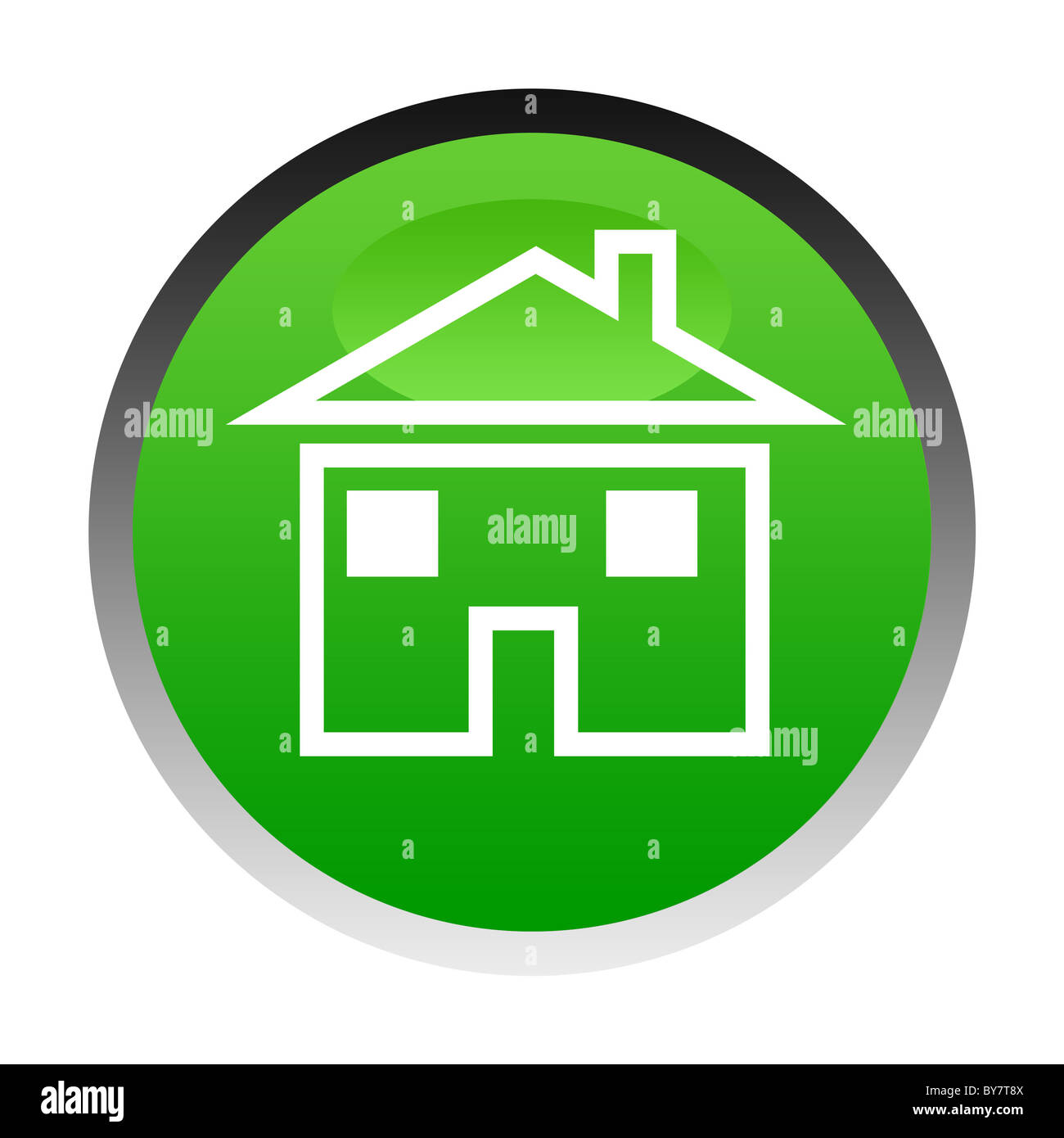 Abbildung der grünen Schaltfläche nach Hause oder Haus isoliert auf weißem Hintergrund. Stockfoto