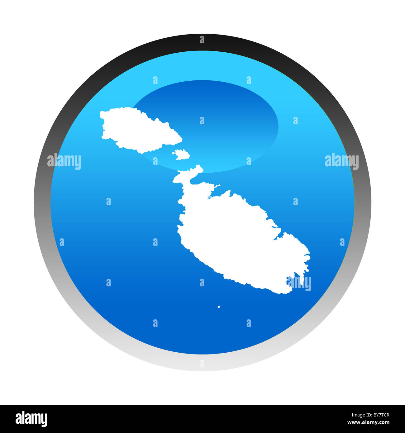 Malta Karte blau kreisförmige Taste isoliert auf weißem Hintergrund. Stockfoto