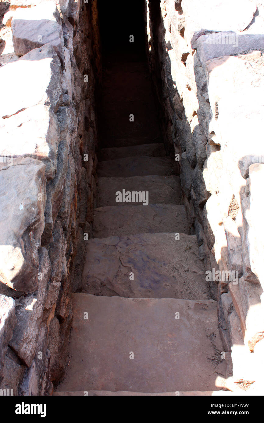 Eine Steintreppe führt zu unterirdischen Wasserreservoir in ausgegrabenen Stätte von Harappan Website der Indus-Tal Zivilisation, Indien Stockfoto