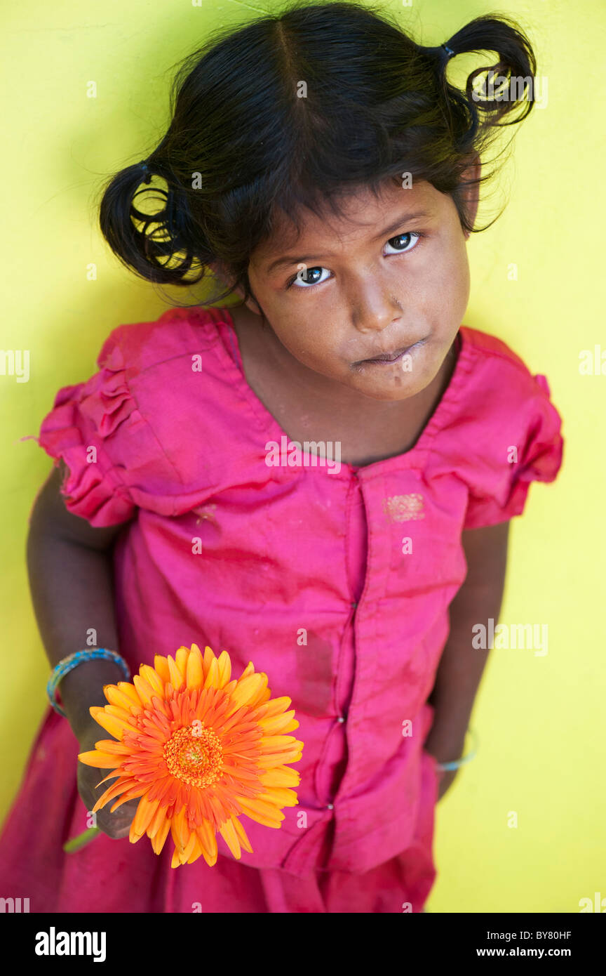 Junge indische Infant girl Holding Orange Gerbera Blume. Andhra Pradesh, Indien Stockfoto