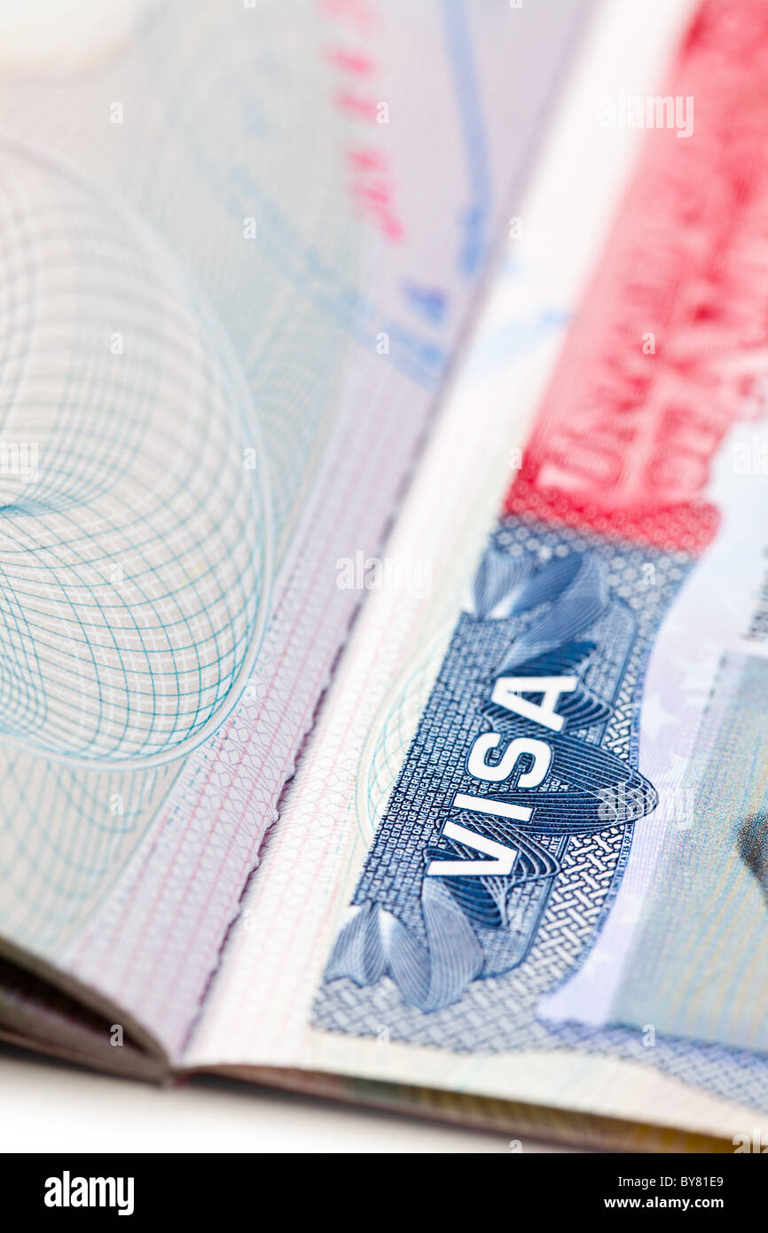 Makroaufnahme eines US-Visums auf Passport-Seite Stockfoto