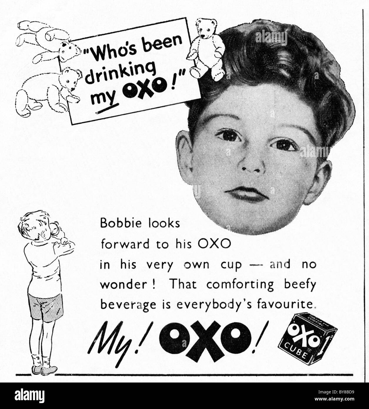 OXO-Würfel Anzeige im Verbraucher Magazin der 1940er Jahre Werbung Stockfoto