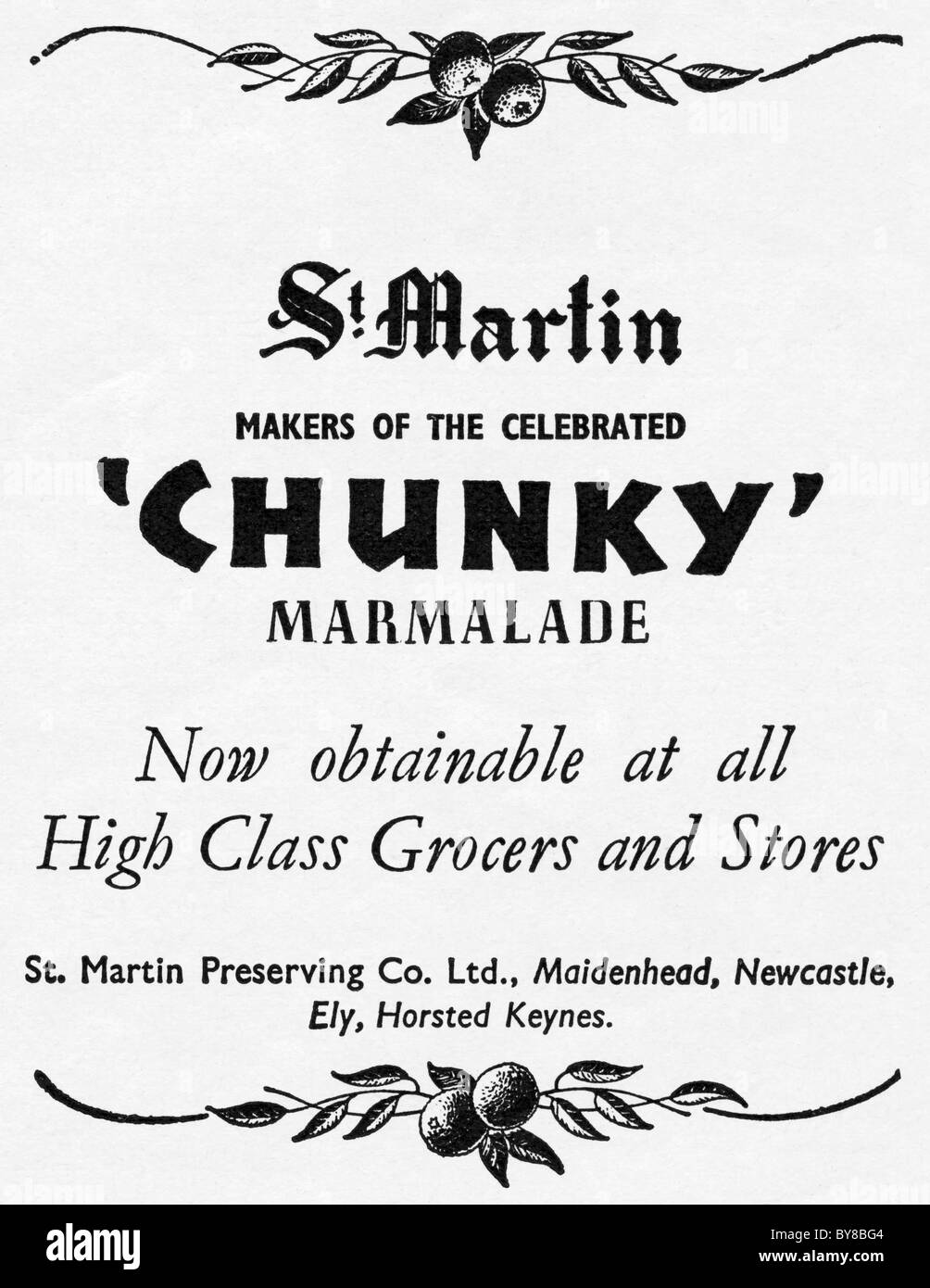 ST MARTIN klobige Marmelade Anzeige in Frauen Hauswirtschaft Magazin der 1940er Jahre Werbung Stockfoto