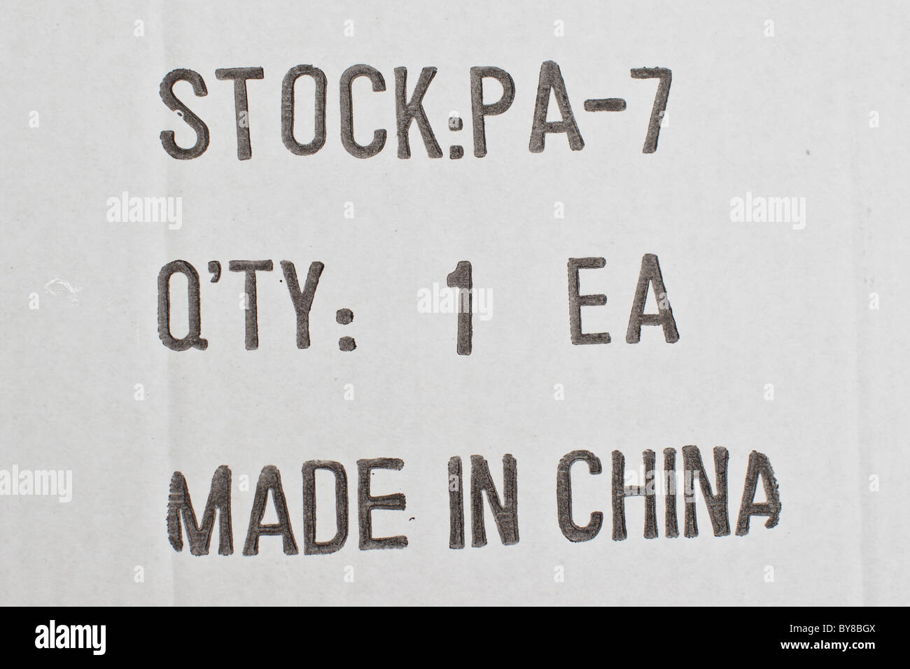 Die Seite der Verpackung box zeigt ein Element als "Made in China." Stockfoto