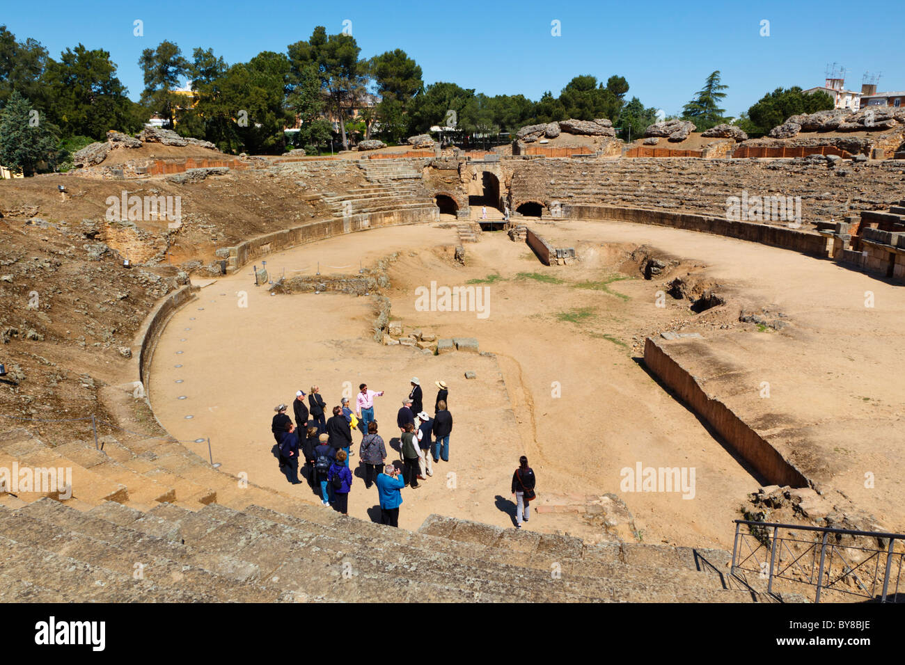 Merida, Provinz Badajoz, Spanien. Das erste Jahrhundert v. Chr. römische Amphitheater. Stockfoto