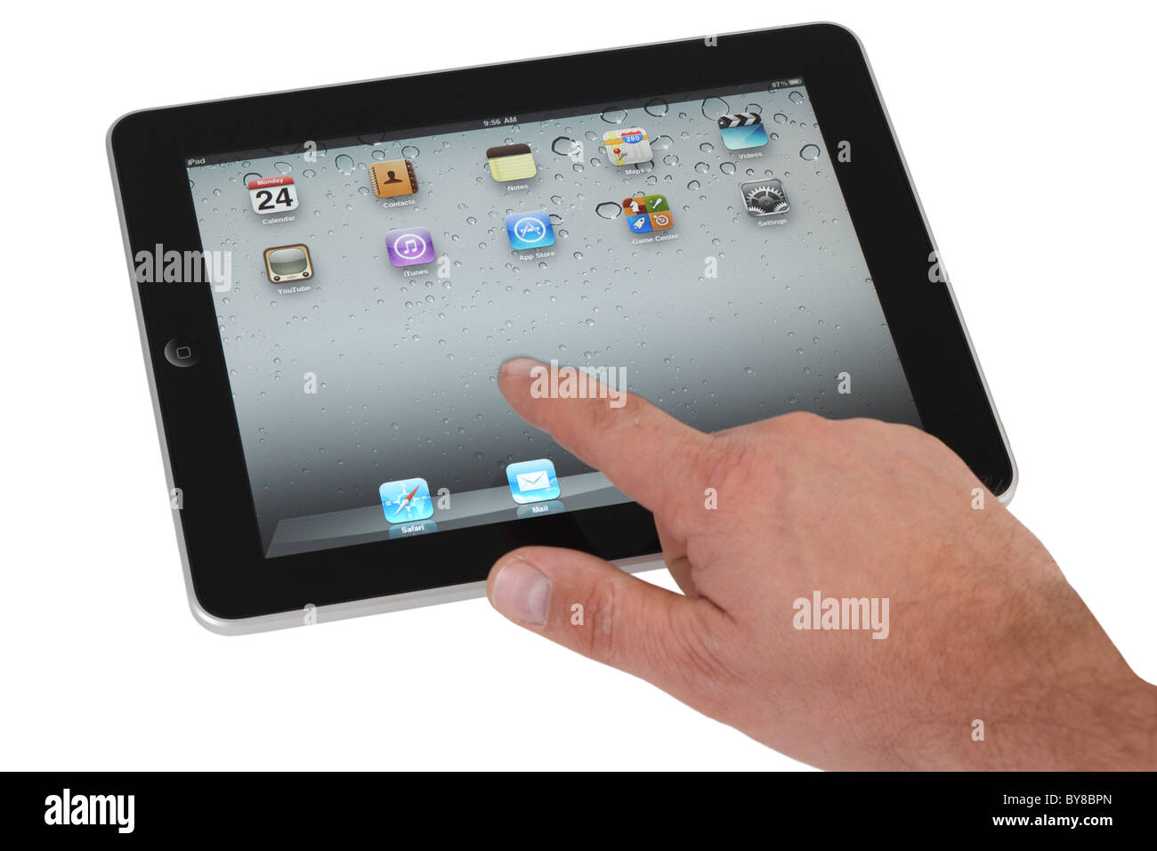 Apple-Ipad-Ausschnitt auf weißem Hintergrund mit hand Stockfoto