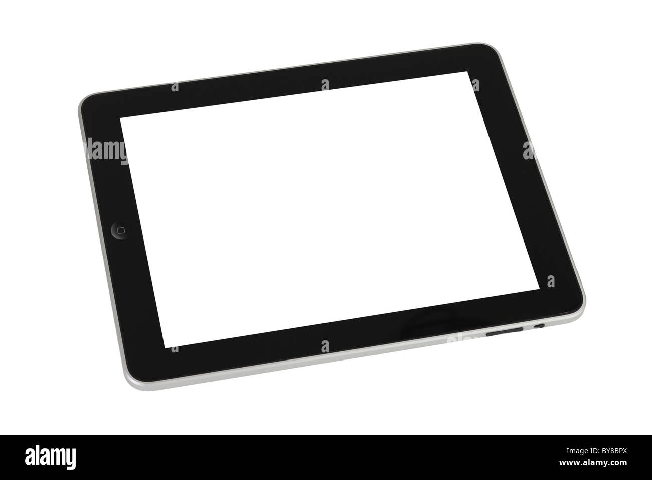 Apple-Ipad-Ausschnitt auf weißem Hintergrund mit schwarzer Bildschirm Stockfoto
