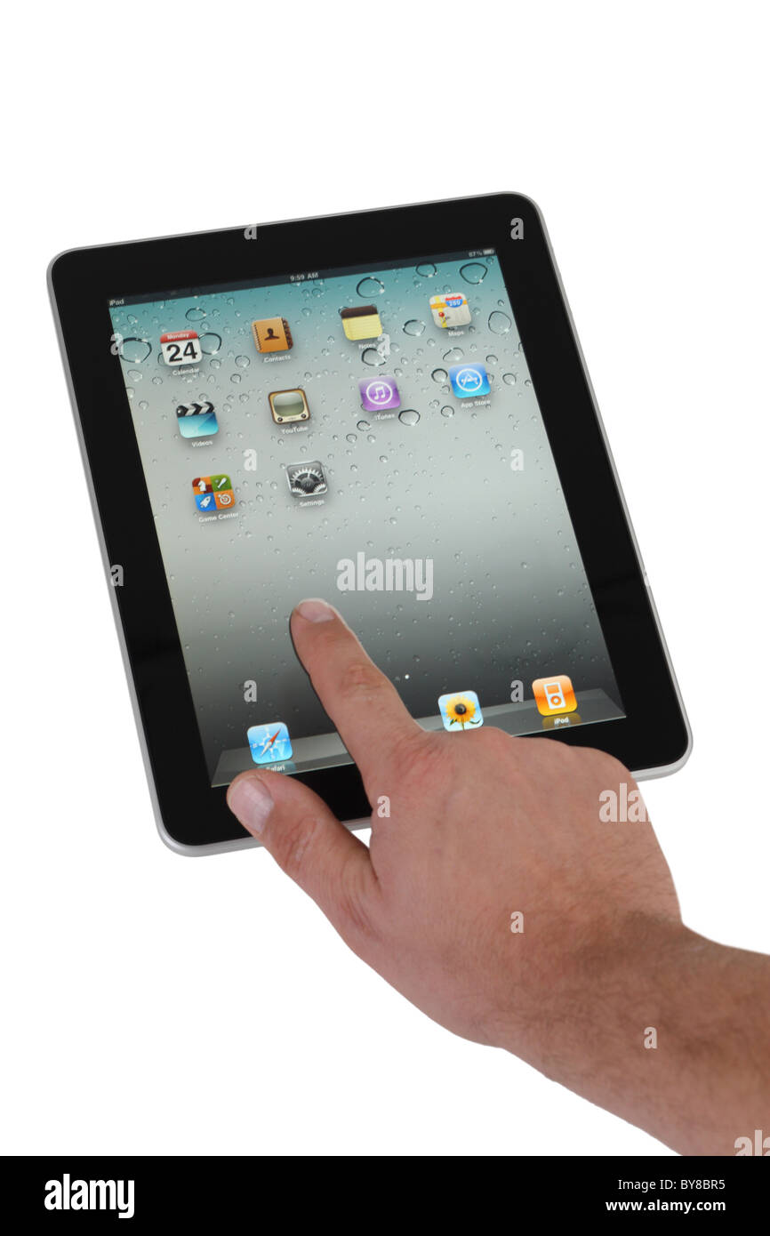 Apple-Ipad-Ausschnitt auf weißem Hintergrund mit hand Stockfoto