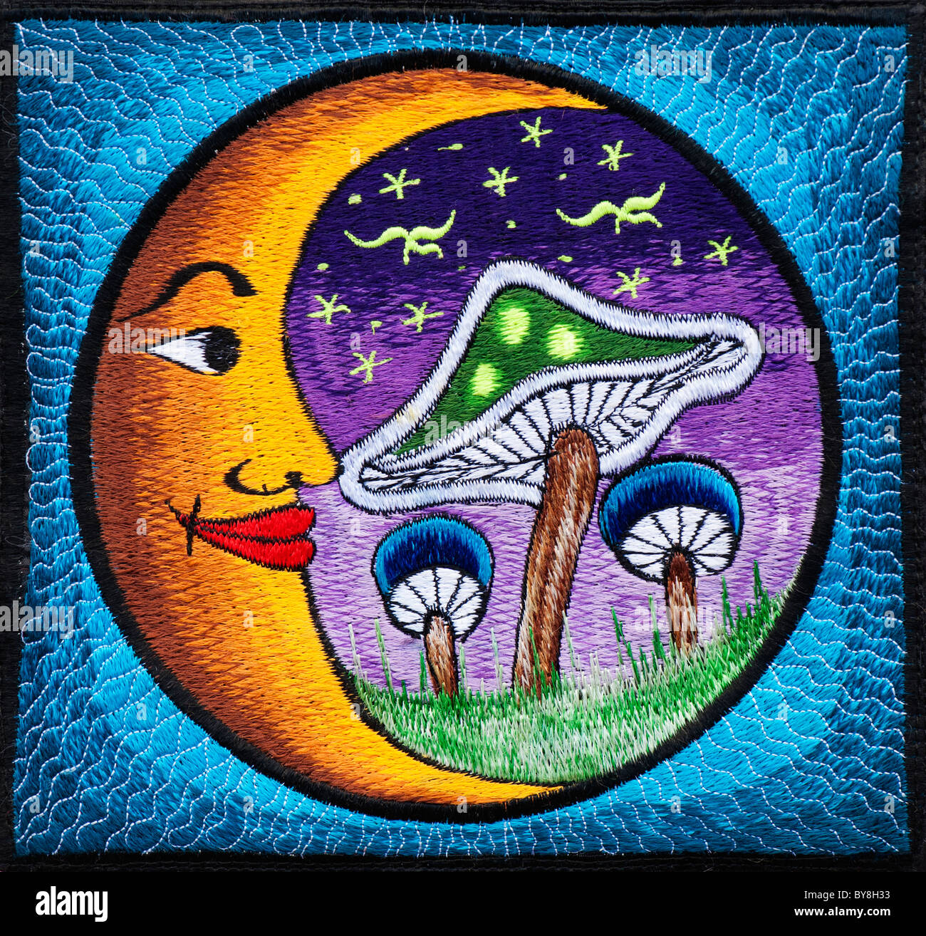 Mehrfarbige Mond und Magic Mushroom Stickmuster. Indische Handarbeit. Indien Stockfoto