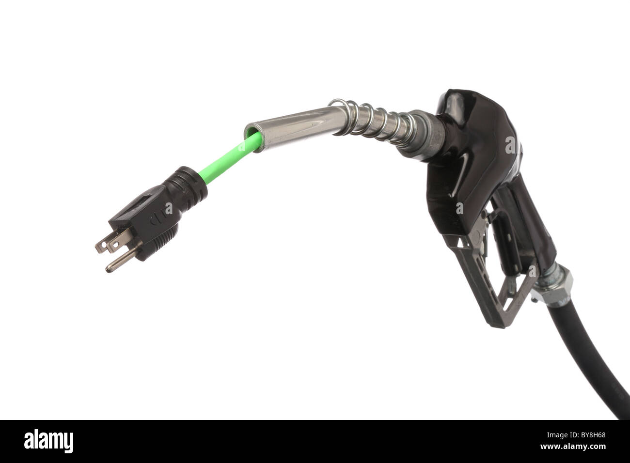 Benzin-Pumpe-Düse mit grünen Stromkabel herauskommen Stockfoto