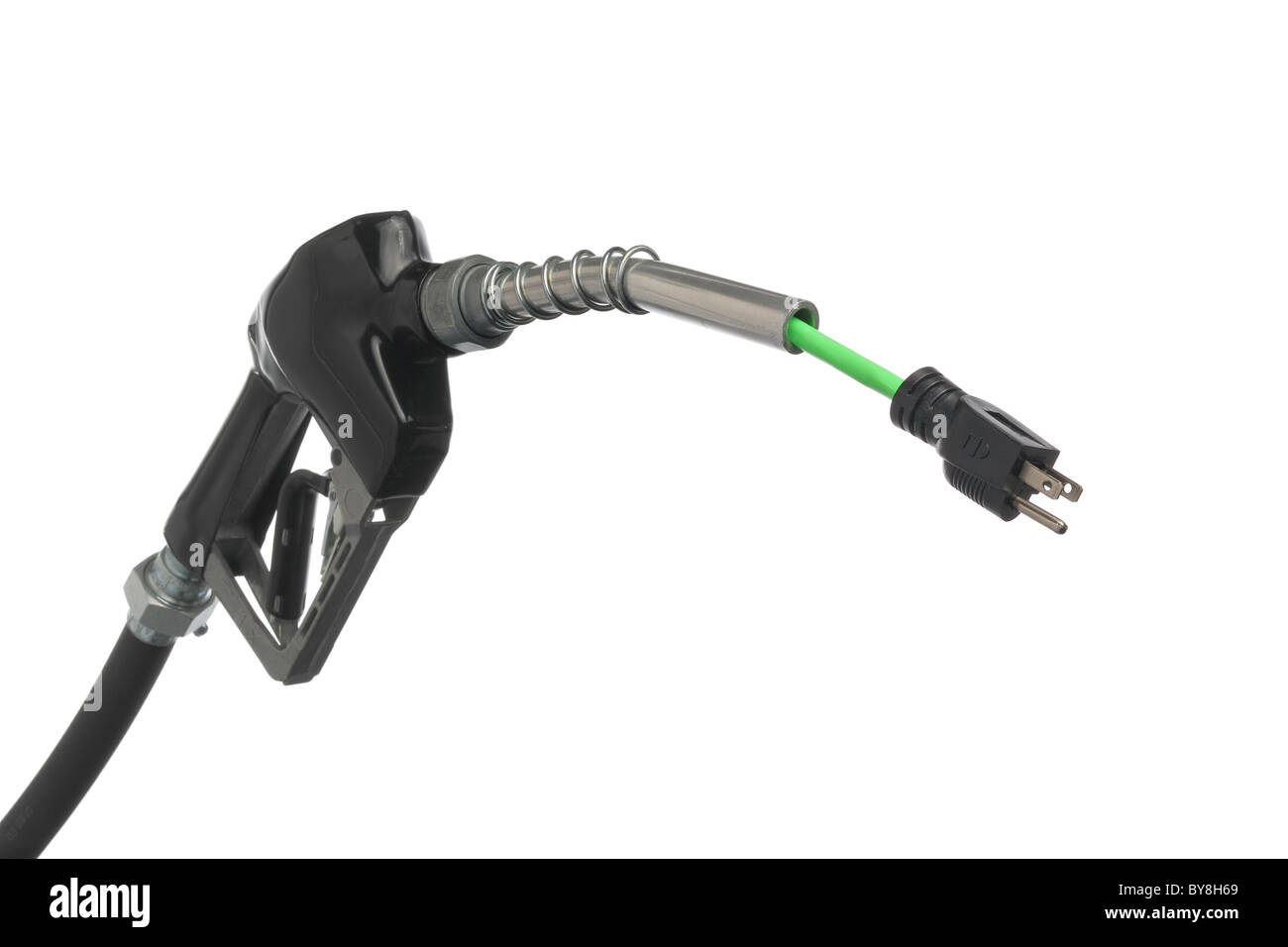 Alternative Energie Konzept Ausschnitt Gas Pumpe Düse mit grünen Stromkabel herauskommen Stockfoto