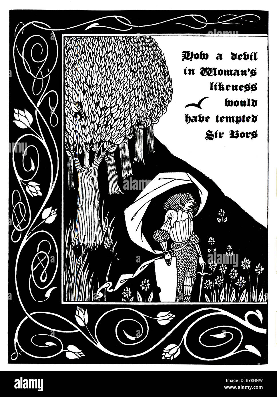Aubrey Beardsley – der Tod von Arthur 1893 - Dent Publishing "Wie ein Teufel in Gestalt des Weibes Sir Bors versucht haben würde" Stockfoto