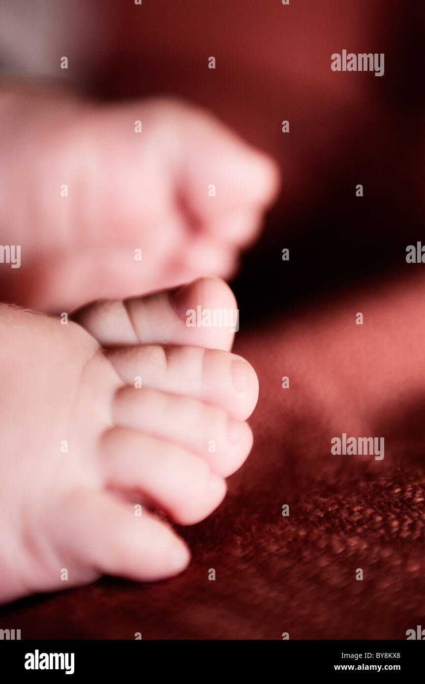 Detail der Füße eines Neugeborenen mit einem roten Hintergrund und das Spiel mit der Unschärfe Stockfoto