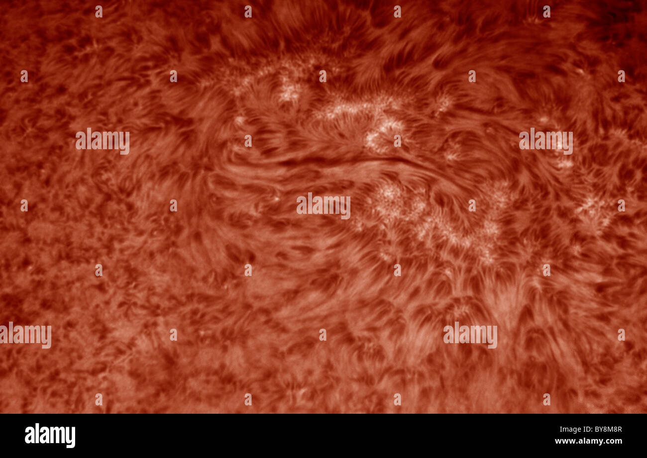 Nahaufnahme von einem solar Filament 2010.04.27 auf der Oberfläche der Sonne, fotografiert mit einem solar Hydrogen Alpha-filter Stockfoto