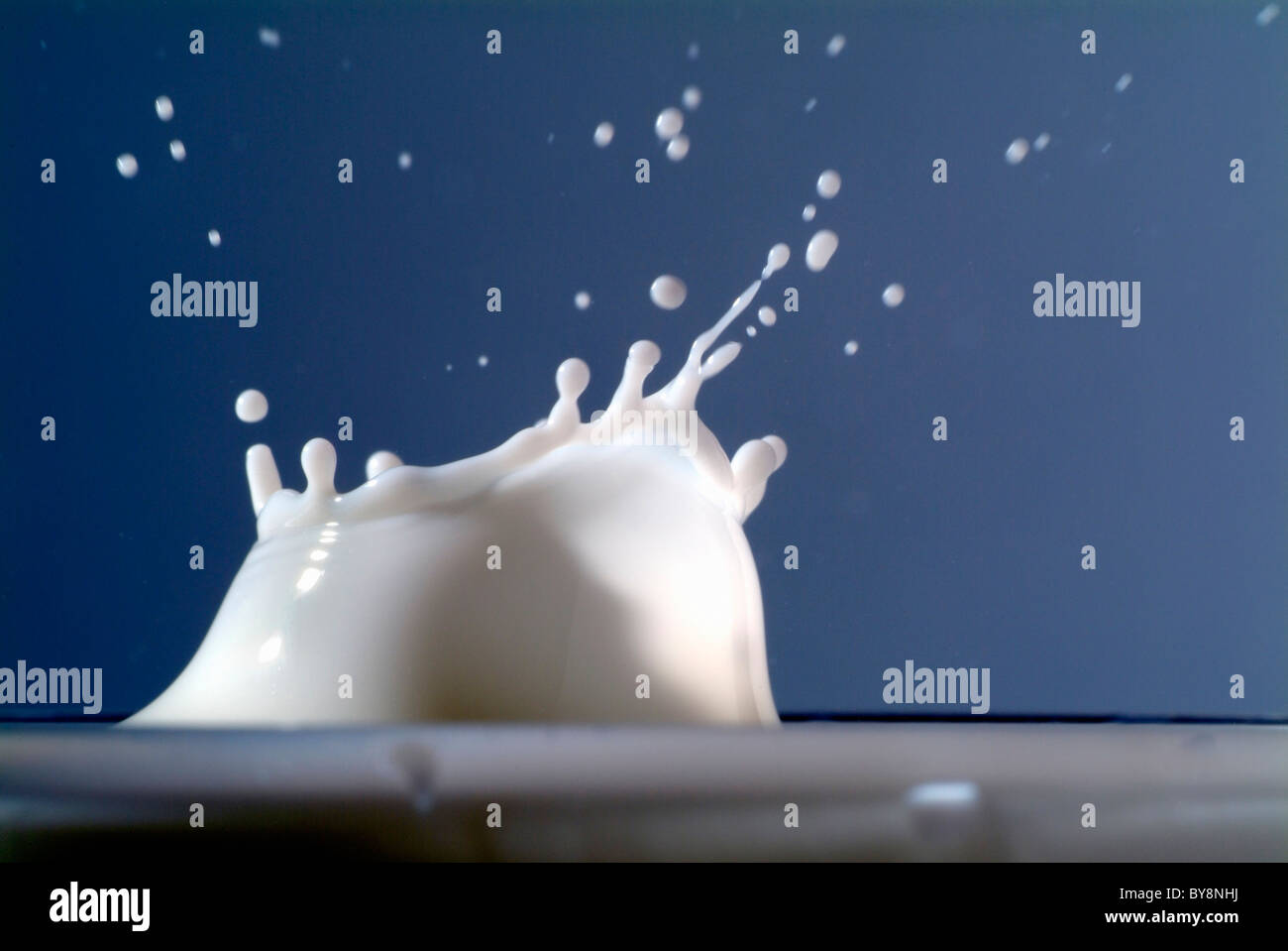 Tropfen Sie Milch in ein Glas Spritzen. Stockfoto