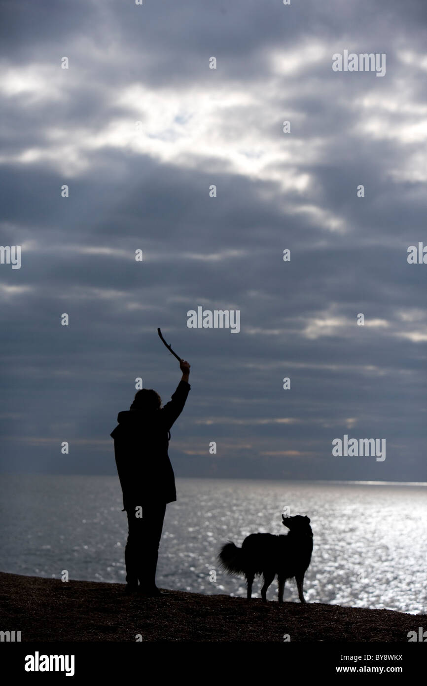 Frauen und Single-Frauen Hund mit Border Collie Silhouette Chesil Beach, Dorset, Großbritannien Stockfoto