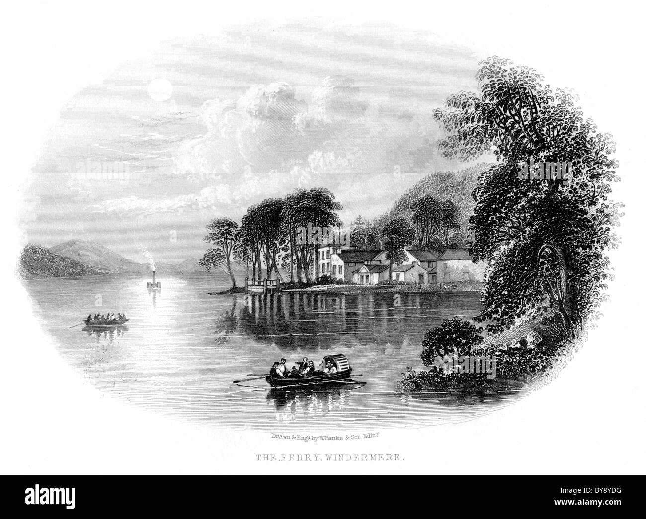 Eine Gravur mit dem Titel The Ferry Windermere wurde mit hoher Auflösung aus einem Buch über den Lake District gescannt, das vor 1864 veröffentlicht wurde. Für urheberrechtlich frei gehalten. Stockfoto