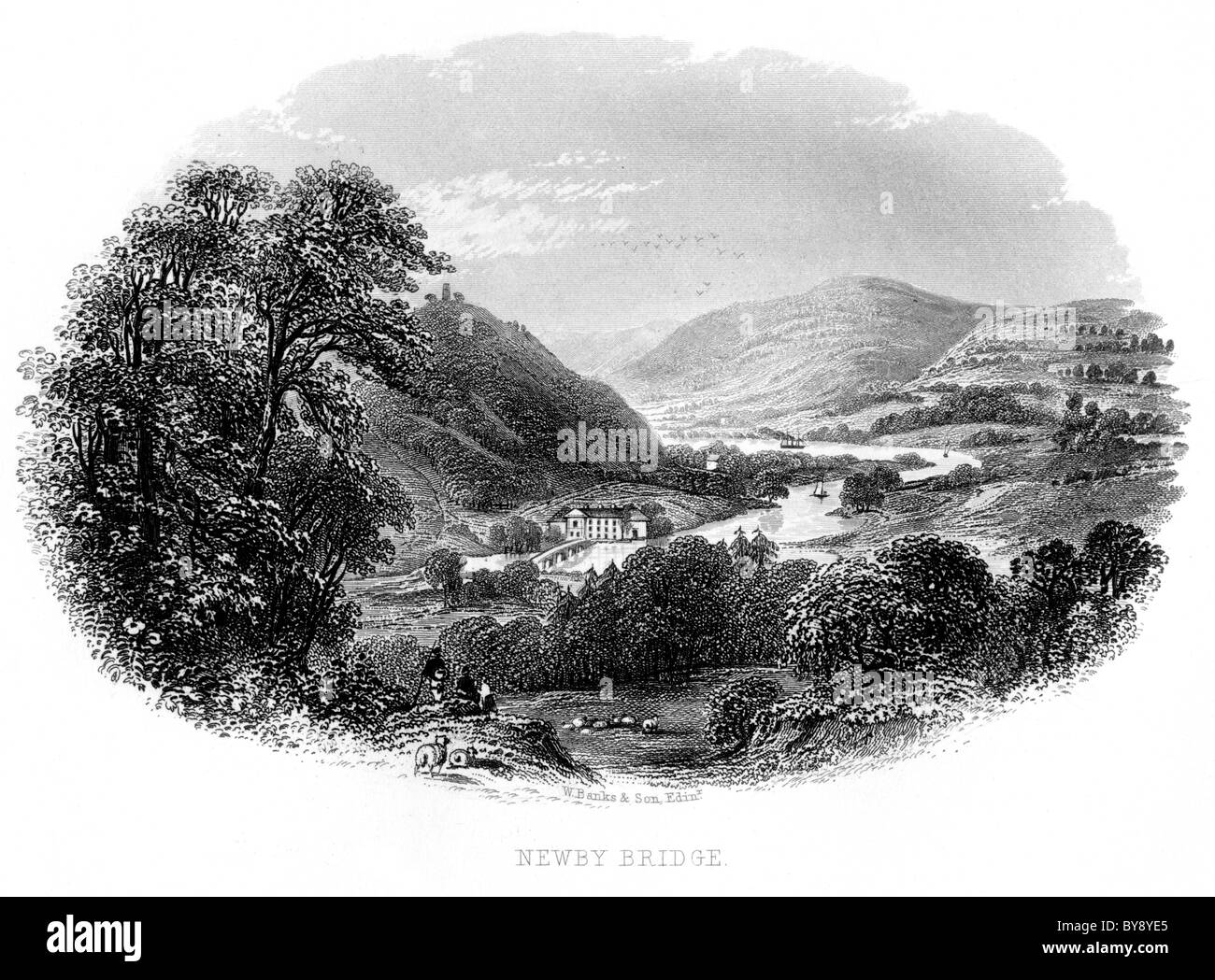 Eine Gravur berechtigt Newby-Brücke mit einer hohen Auflösung aus einem Buch über den Lake District gescannt veröffentlicht vor 1864 Stockfoto