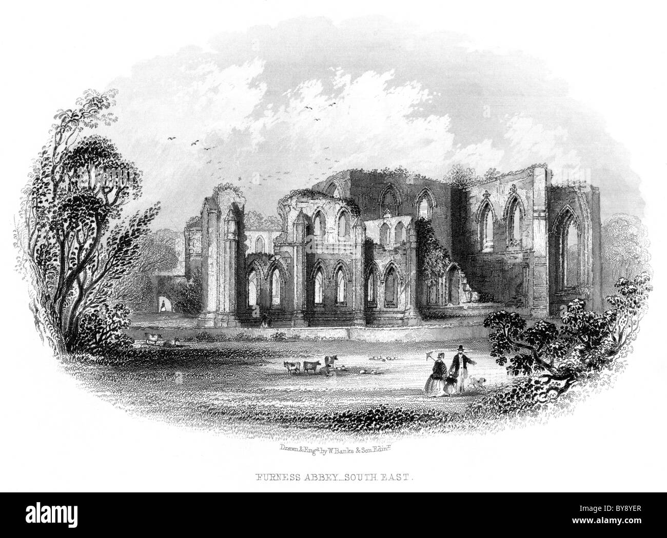 Eine Gravur mit dem Titel Furness Abbey - Südost Scannen mit hoher Auflösung aus einem Pre-1864-Buch über den Lake District Stockfoto