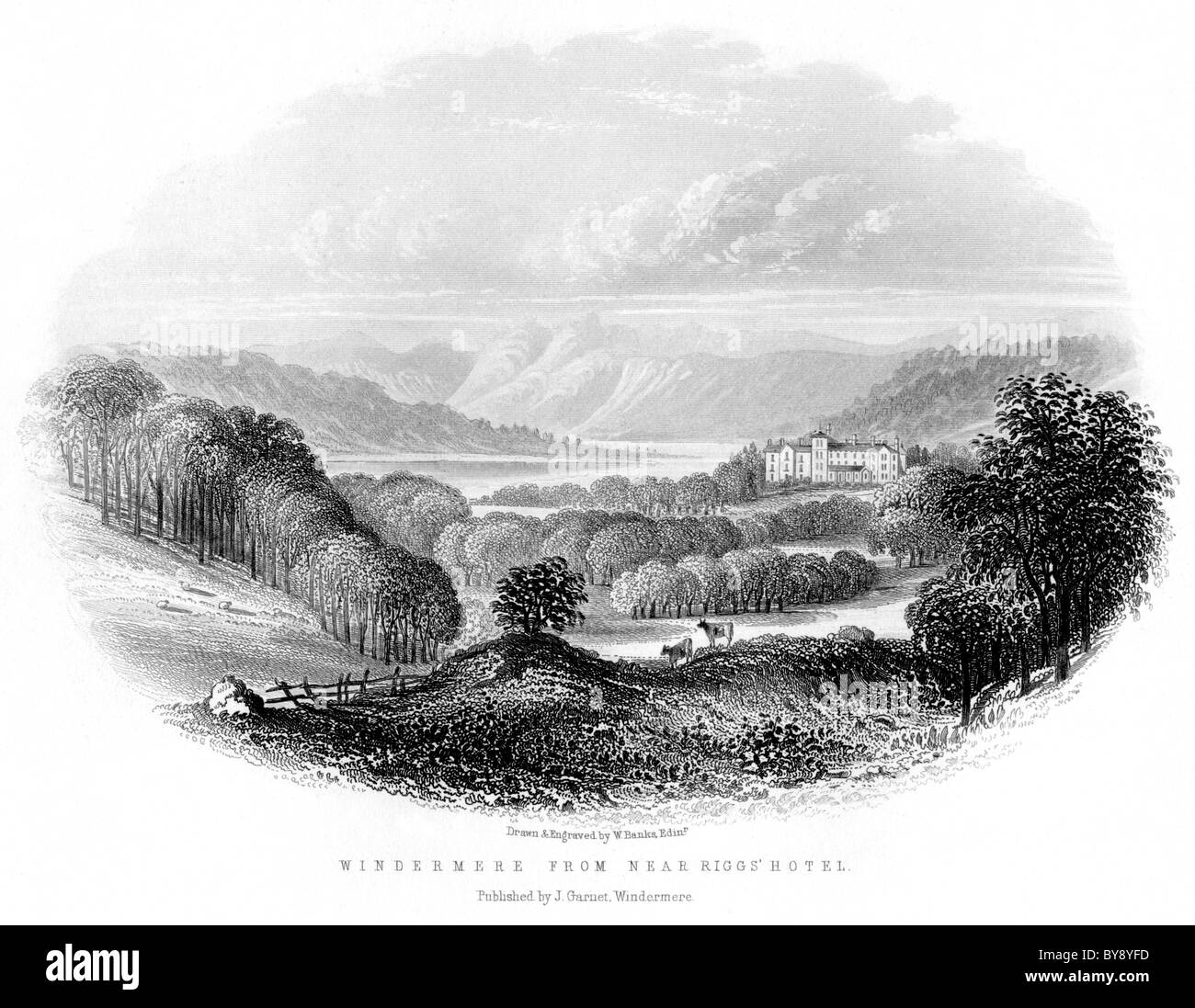 Eine Gravur Windermere aus Nähe Riggs mit dem Titel gescannt mit einer hohen Auflösung von einer Pre 1864 Buch über den Lake District Stockfoto