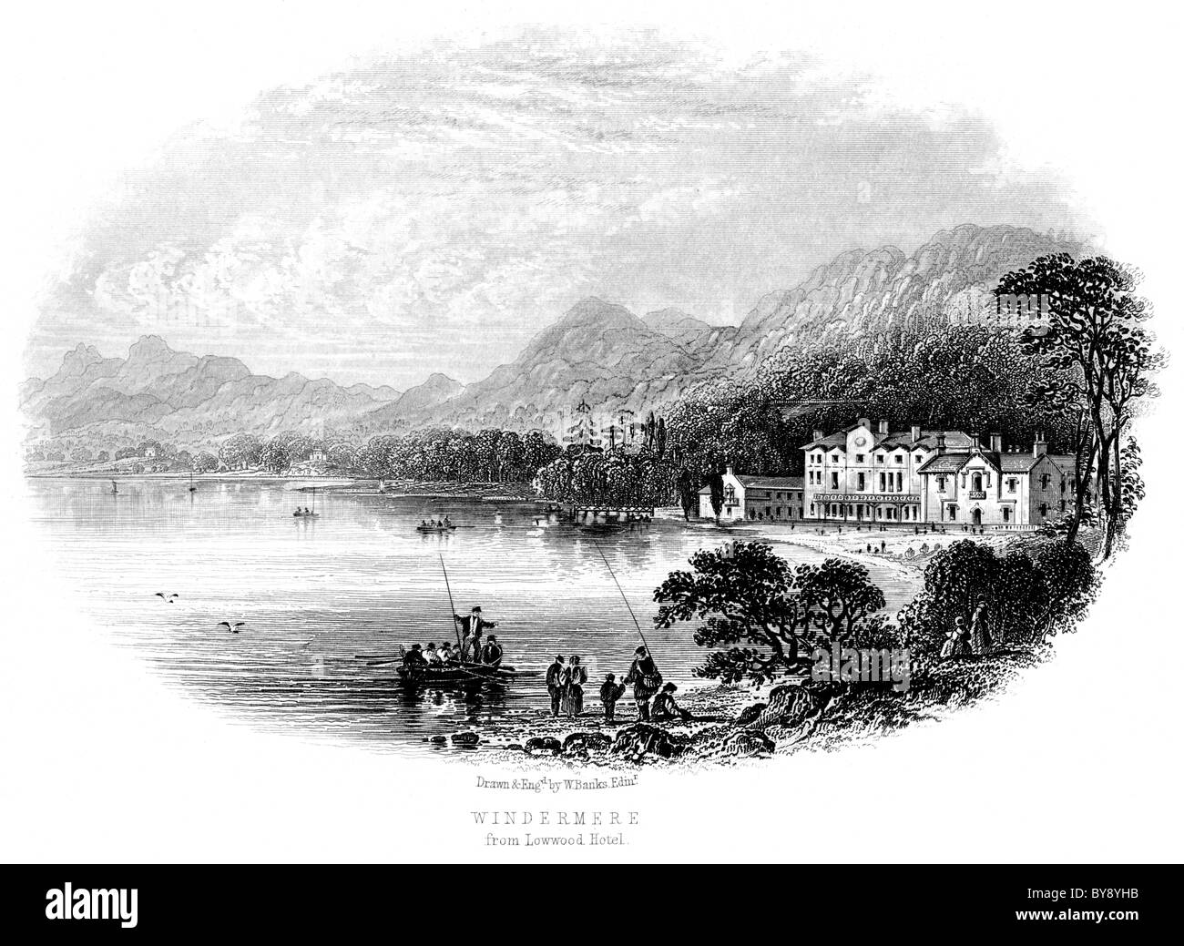 Eine Gravur mit dem Titel Windermere vom Lowwood Hotel wurde in hoher Auflösung aus einem Buch aus der Zeit vor 1864 über den Lake District gescannt. Für urheberrechtlich frei gehalten. Stockfoto