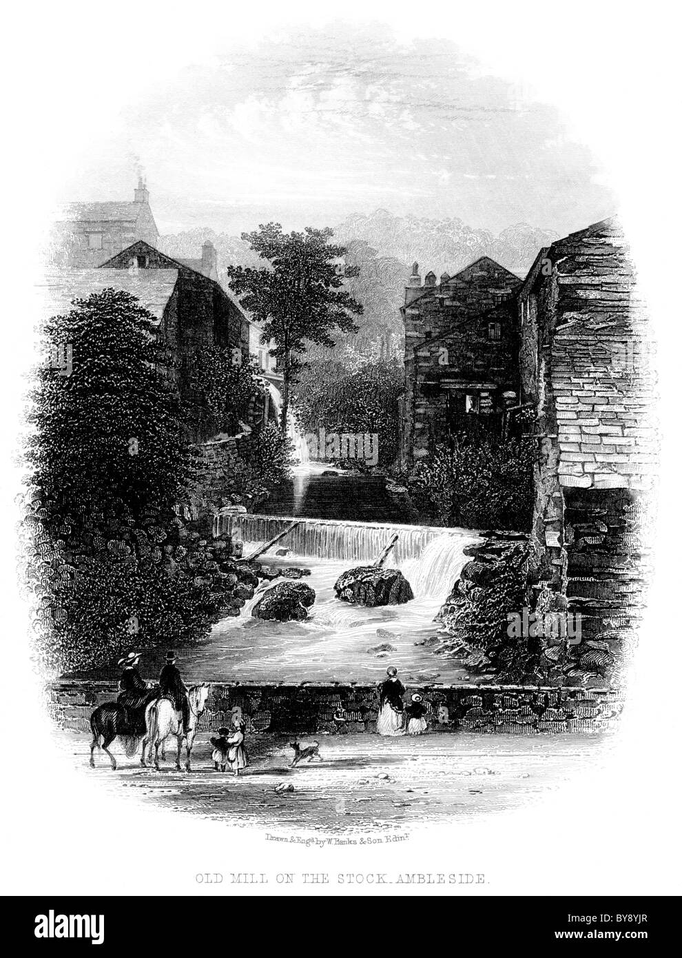 Gravur mit dem Titel Old Mill on the Stock – Ambleside gescannt mit hoher Auflösung aus einem Buch über den Lake District aus dem Jahr 1864. Glaubte, dass es keine Urheberrechte gibt Stockfoto