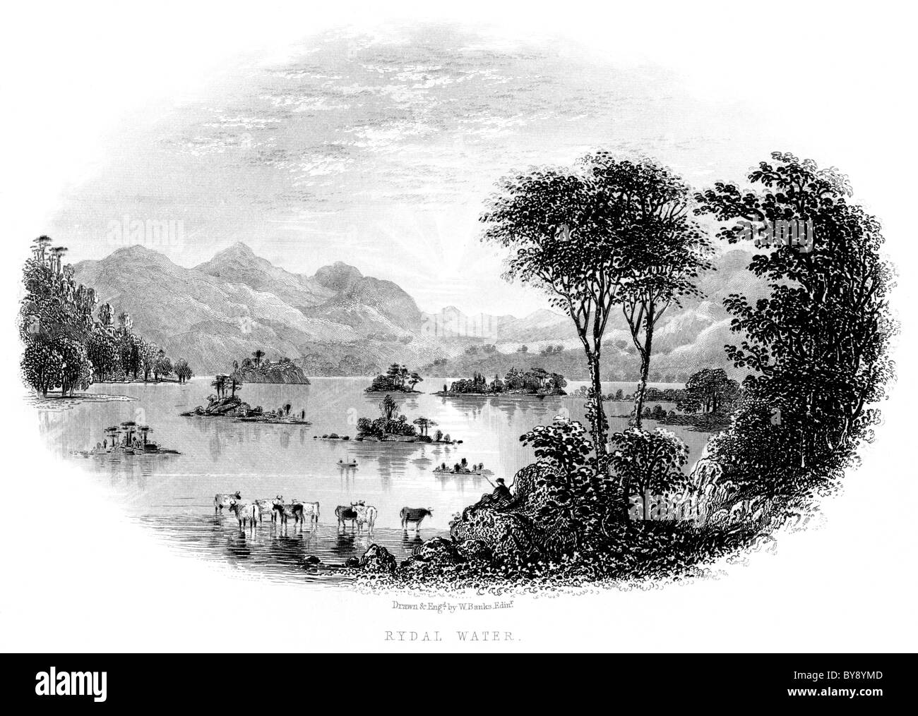 Eine Gravur berechtigt Rydal Wasser in hoher Auflösung aus einem Buch über den Lake District gescannt veröffentlicht vor 1864 Stockfoto