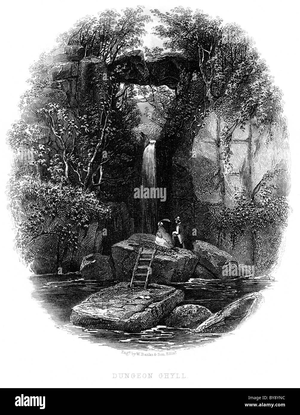 Eine Gravur mit dem Titel Dungeon Ghyll wurde mit hoher Auflösung aus einem Buch über den englischen Lake District gescannt, das vor 1864 veröffentlicht wurde. Für urheberrechtlich frei gehalten. Stockfoto