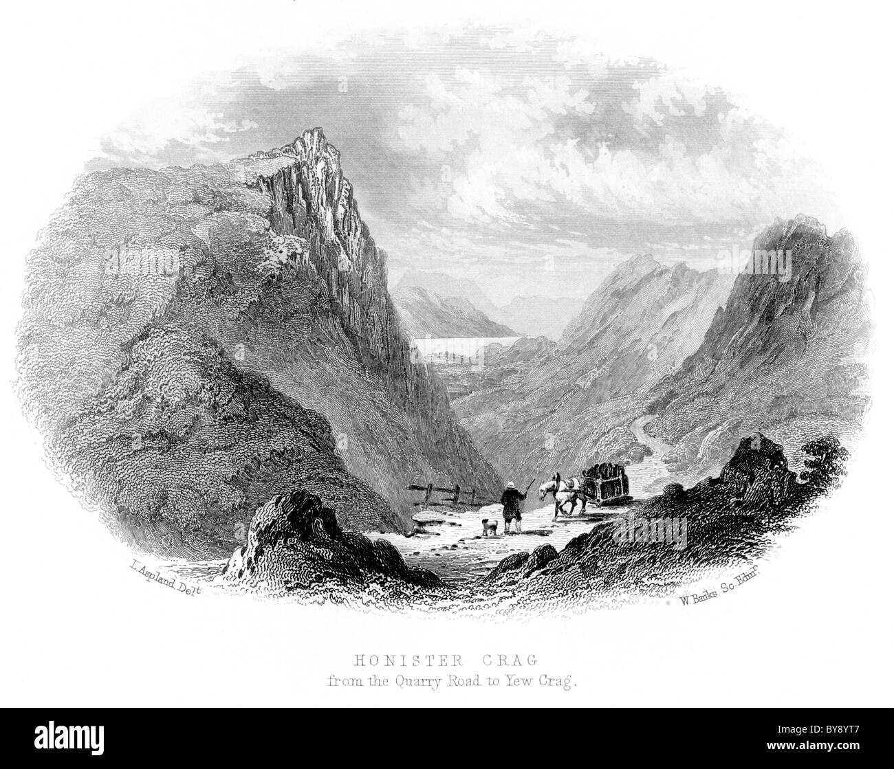 Gravur mit dem Titel Honister Crag from the Quarry Road to Yew Crag wurde in hoher Auflösung aus einem Buch über den Lake District aus der Zeit vor 1864 gescannt. 1800s Transport. Stockfoto