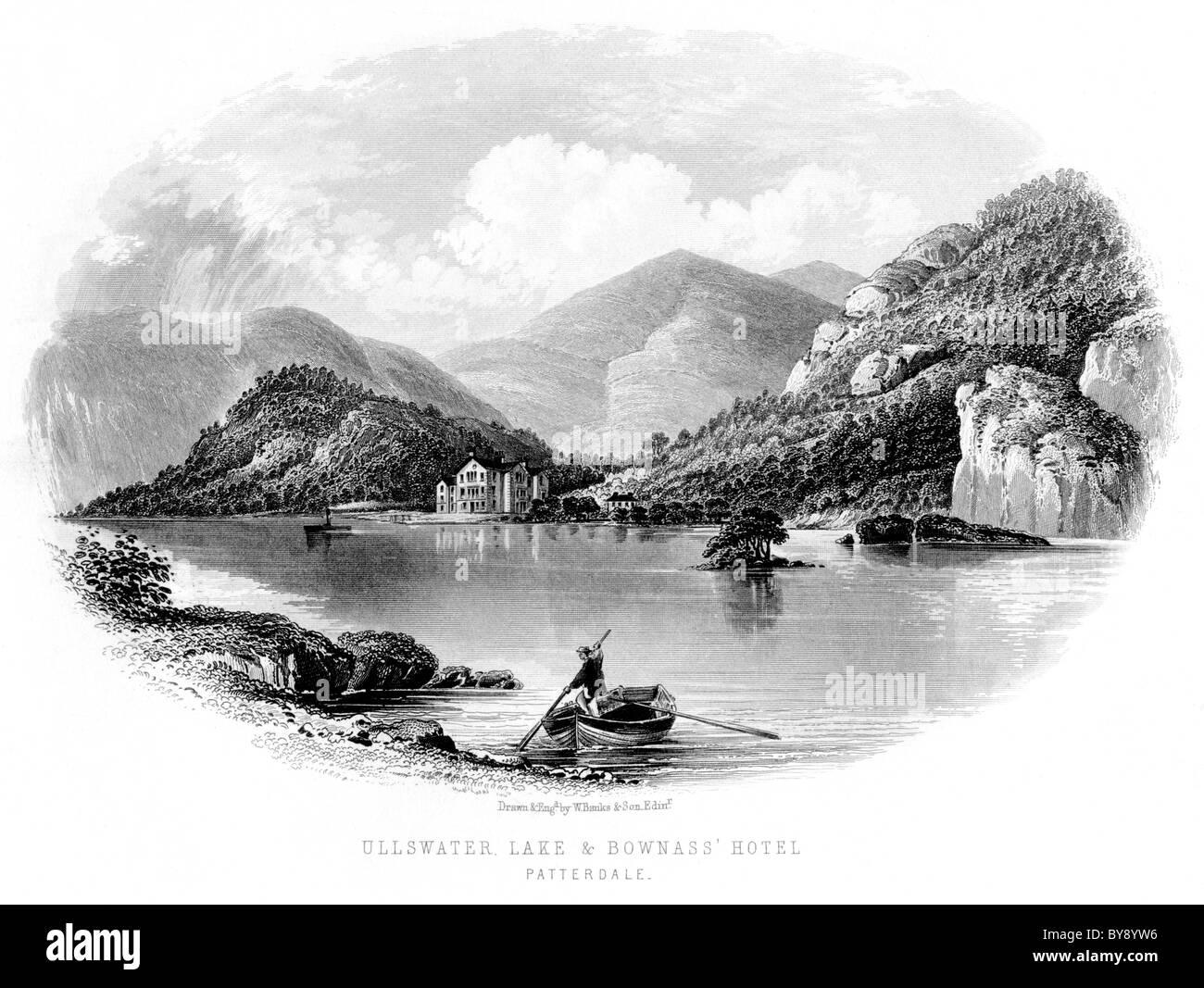 Gravur mit dem Titel Lake Ullswater & Bownass' Hotel Patterdale gescannt bei hohen res aus einem Buch vor 1864 über den Lake District Stockfoto