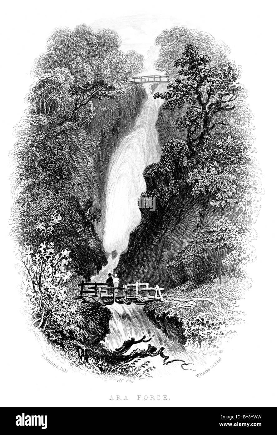 Eine Gravur mit dem Titel Ara Force, die in hohen Res gescannt wurde. Aus einem Buch über den Lake District, das vor 1864 veröffentlicht wurde. (In der Nähe von Ullswater) Cumbria UK Stockfoto